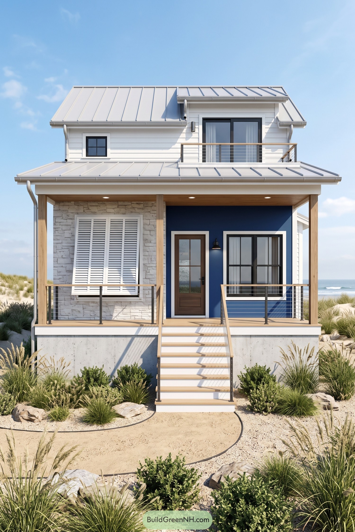 Compact coastal house with navy siding, white shutters, a timber porch, and an upper balcony overlooking sandy landscaping