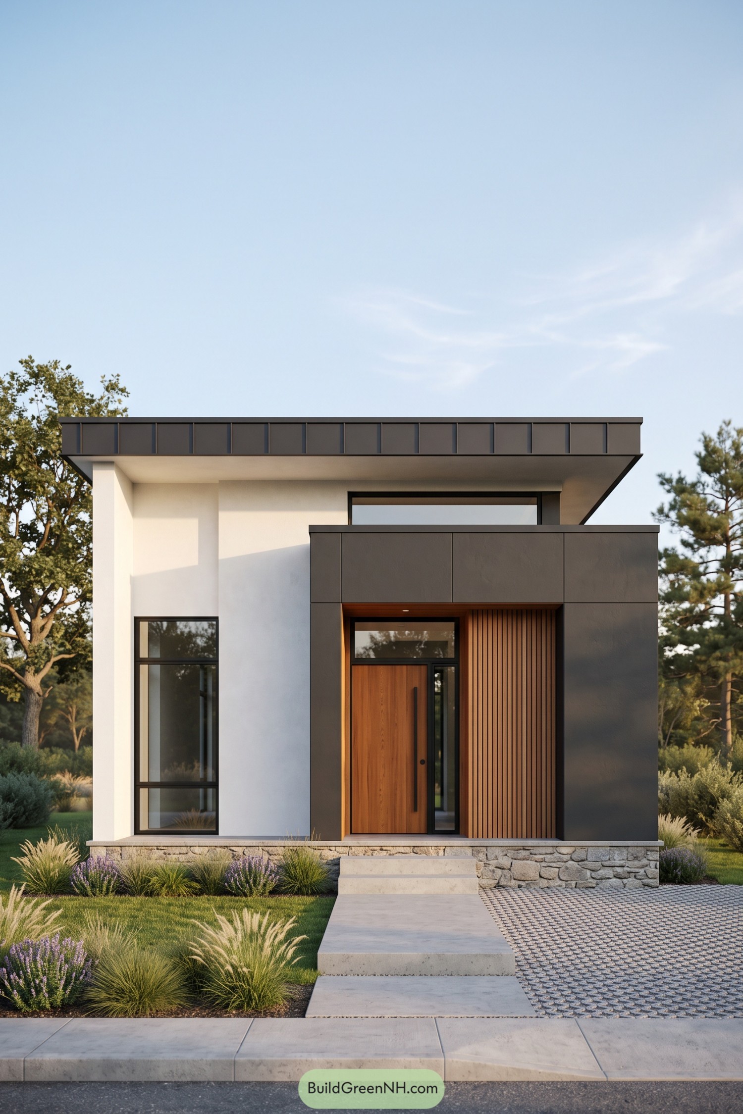 Small modern house with white walls, a charcoal entrance surround, timber slats, and a stone base