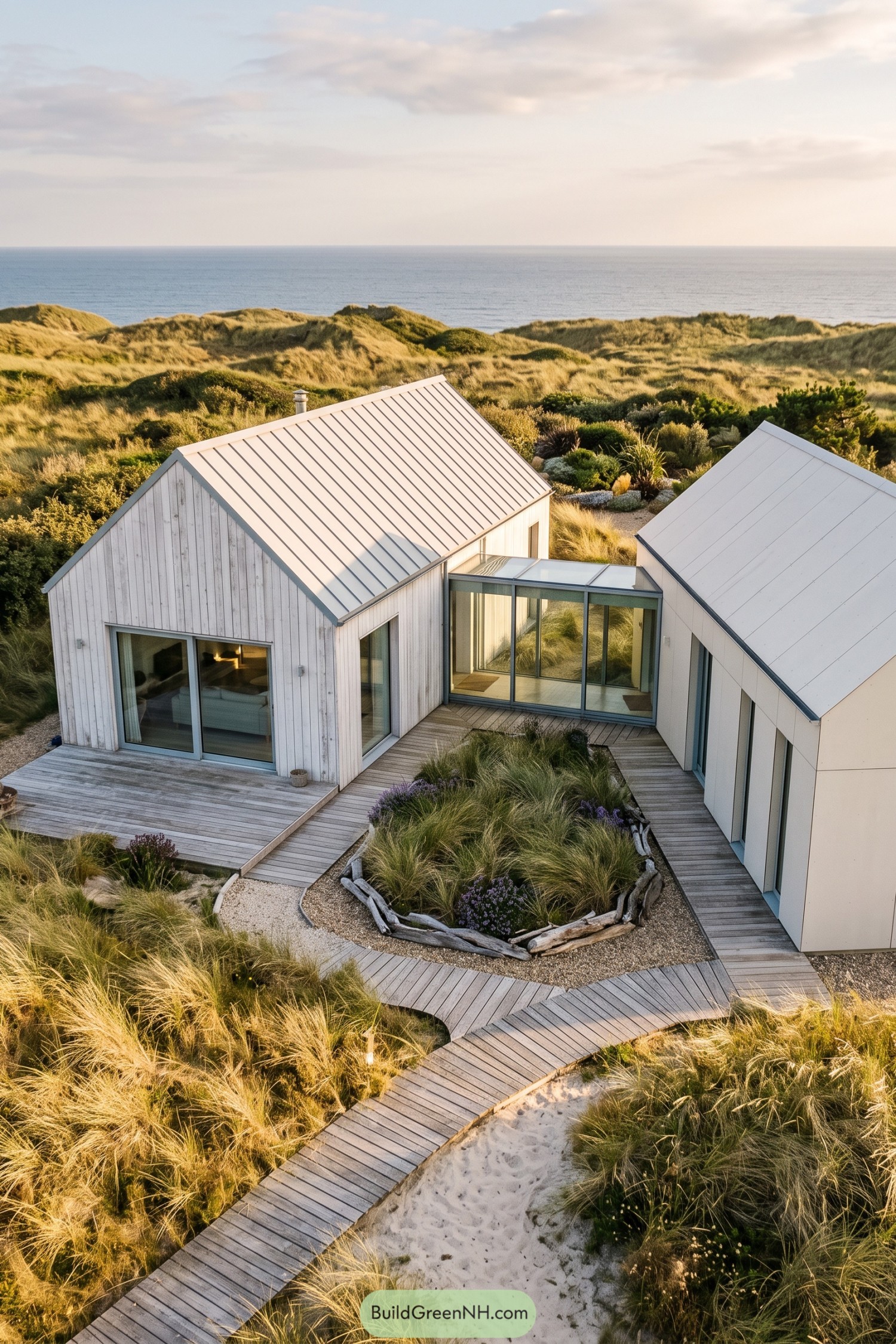 Twin white gabled homes with a glazed courtyard by the sea