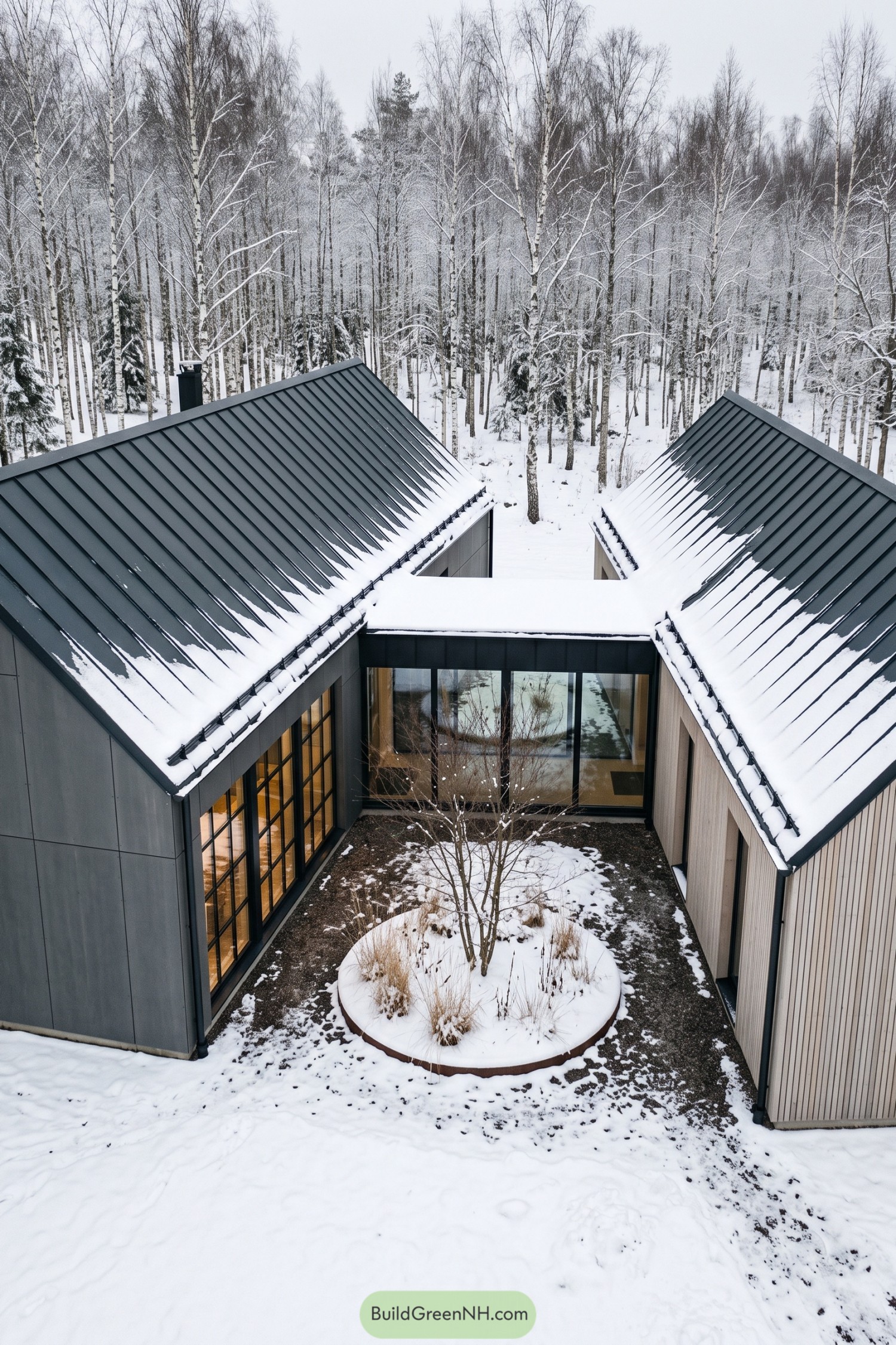 Snow-covered twin gable home with a sheltered courtyard
