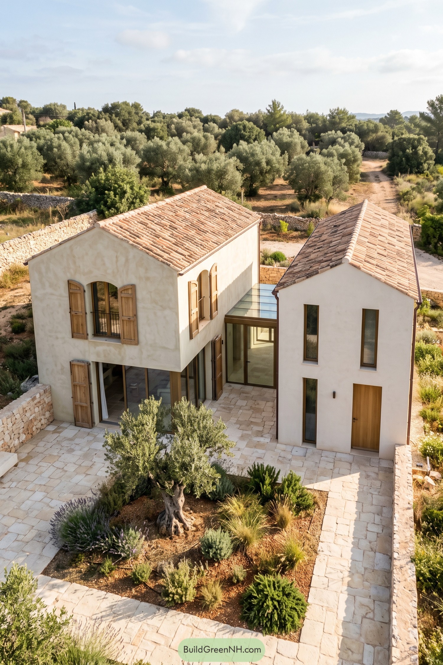 Twin plaster gable home beside an olive grove