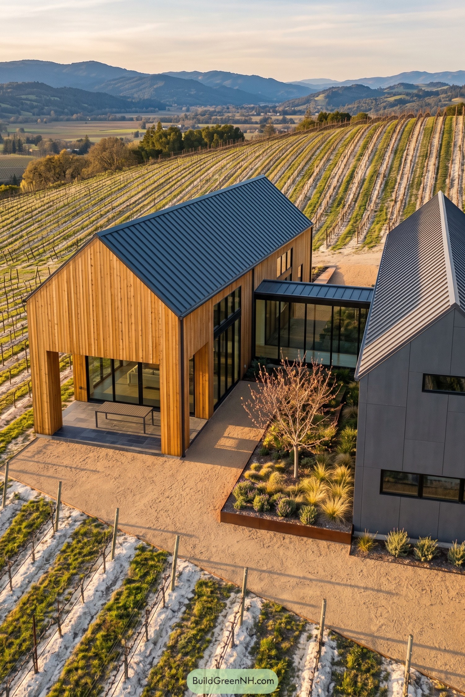 Timber and charcoal gable homes beside vineyard rows