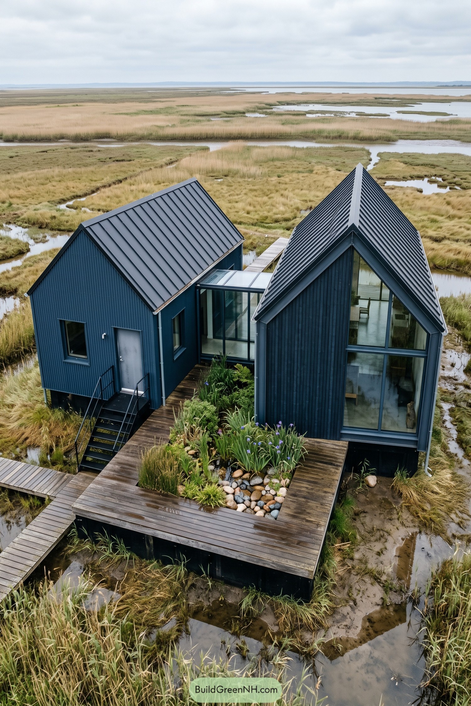 Dark twin gable house raised above coastal marshland