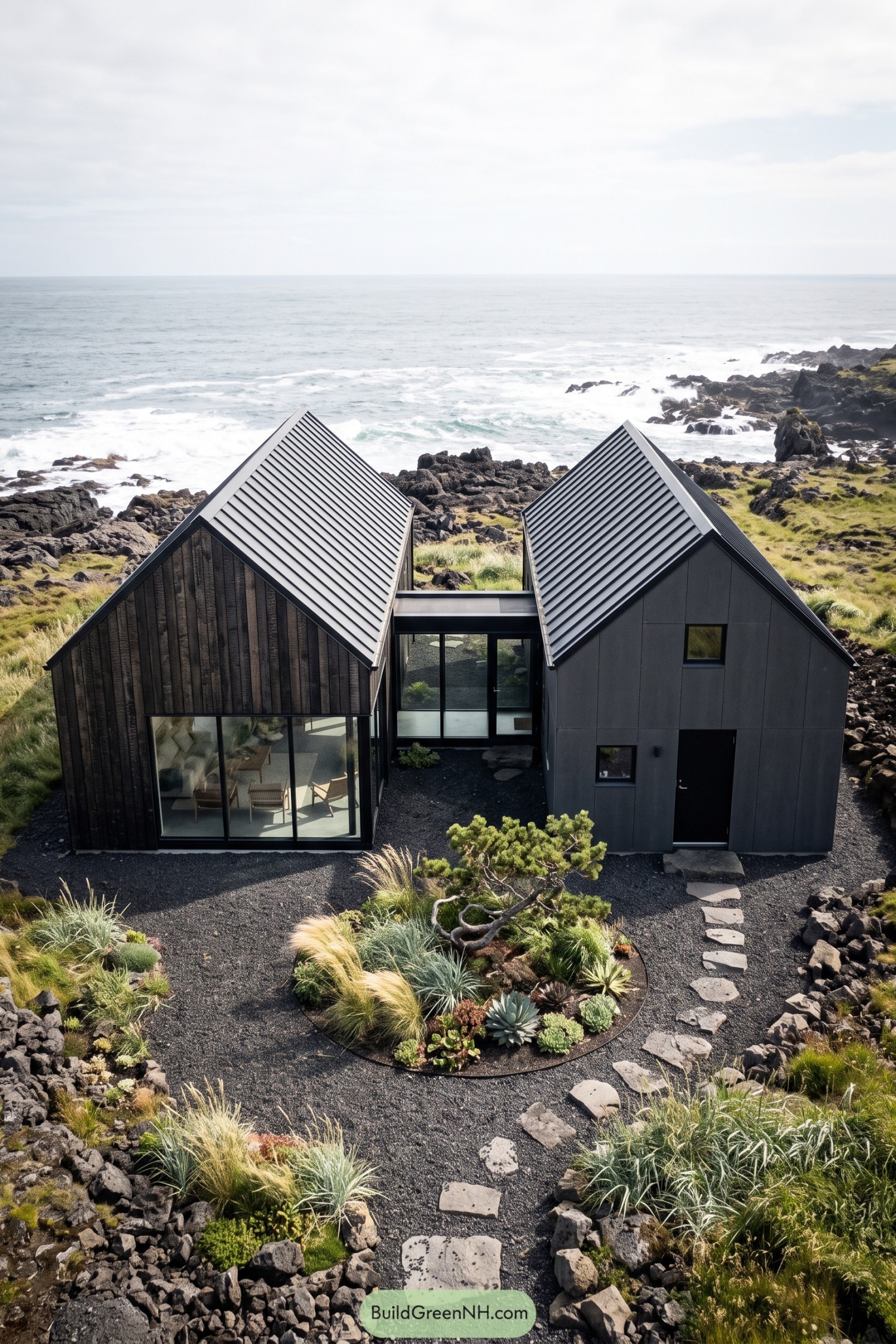Twin black gabled cottages on a rocky coast