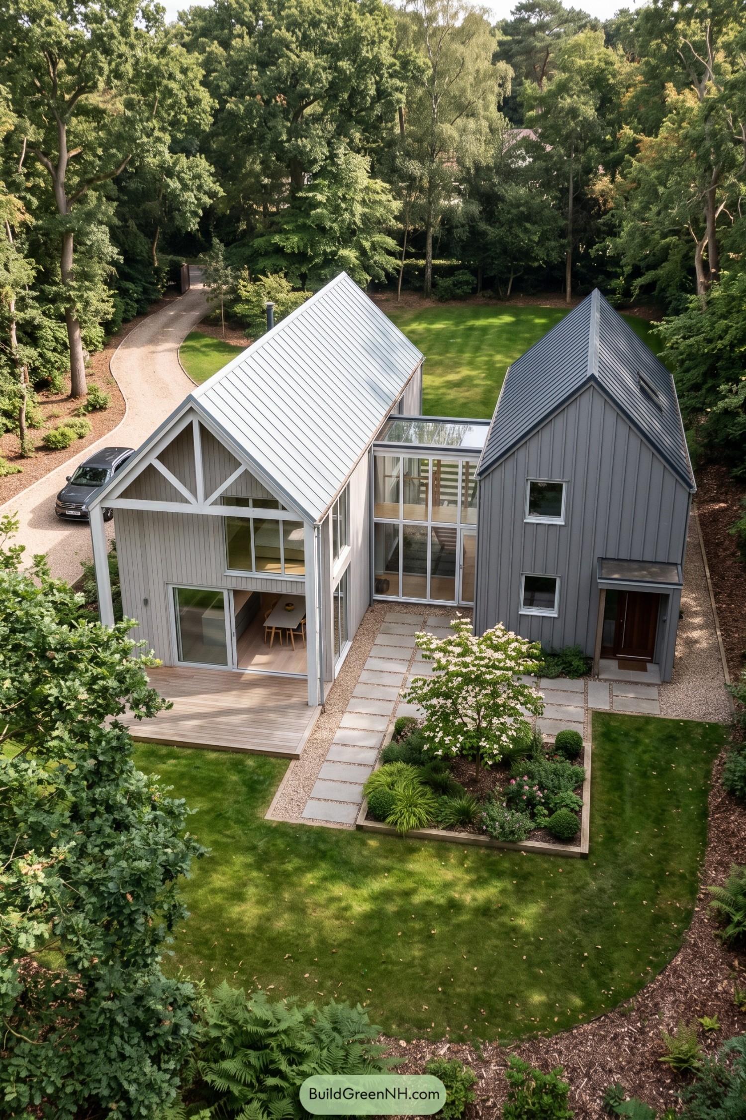 Twin gray gabled volumes linked by a glass entry court