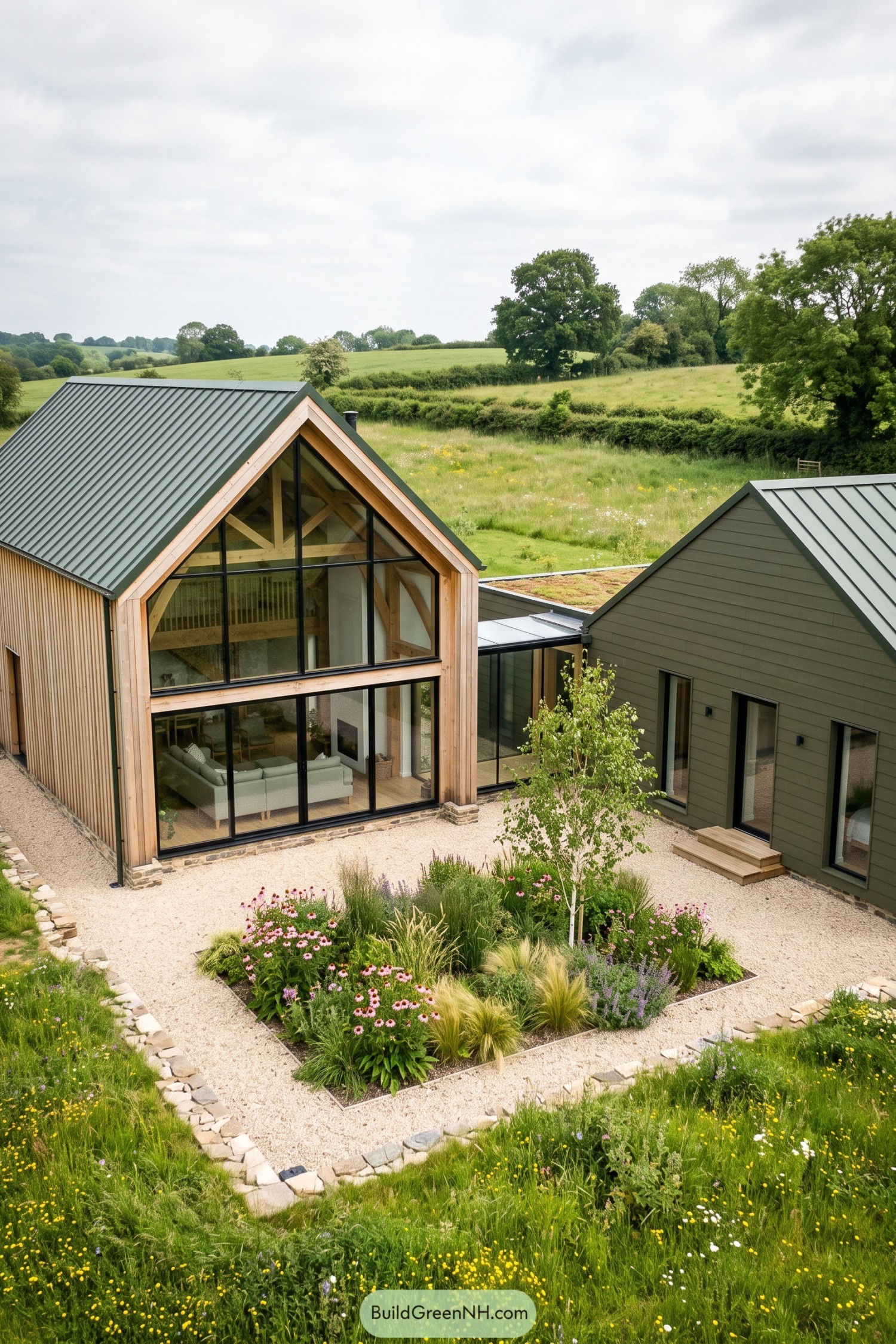 Twin gabled barn home with glazed facade and wildflower courtyard