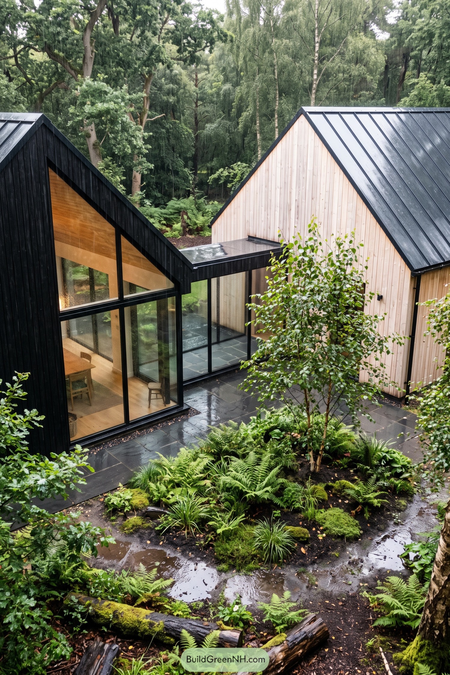 Twin barn volumes frame a rain-washed courtyard beneath tall woodland trees. Black cladding and pale timber create a crisp contrast around broad glazed walls