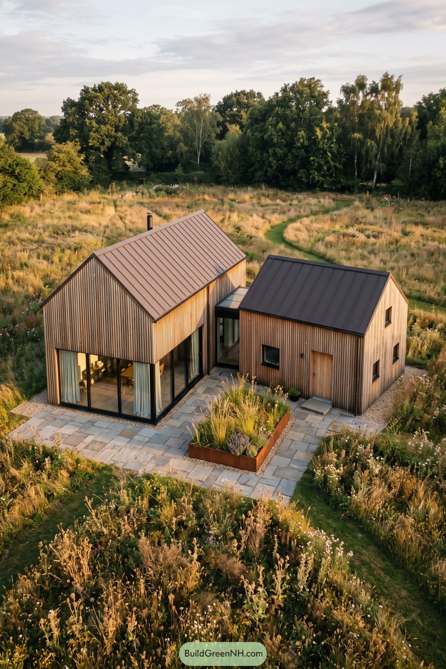 Two cedar-clad gabled volumes linked by a glazed entry in a wildflower meadow