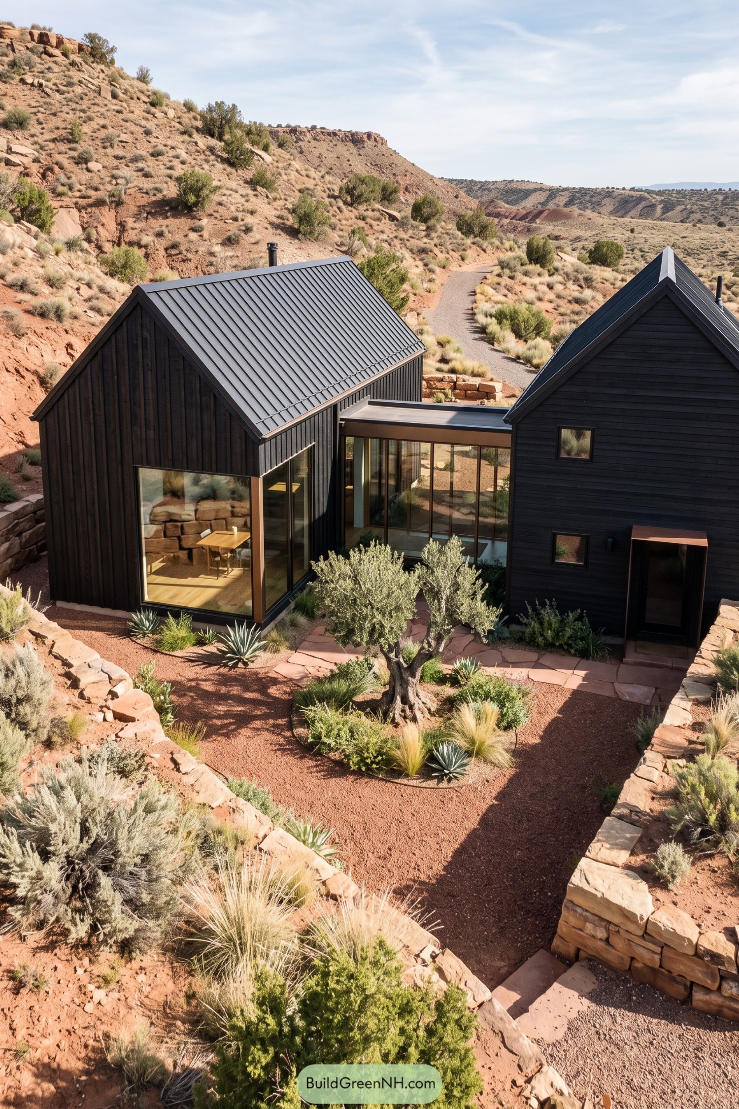 Black twin gable home in a desert courtyard
