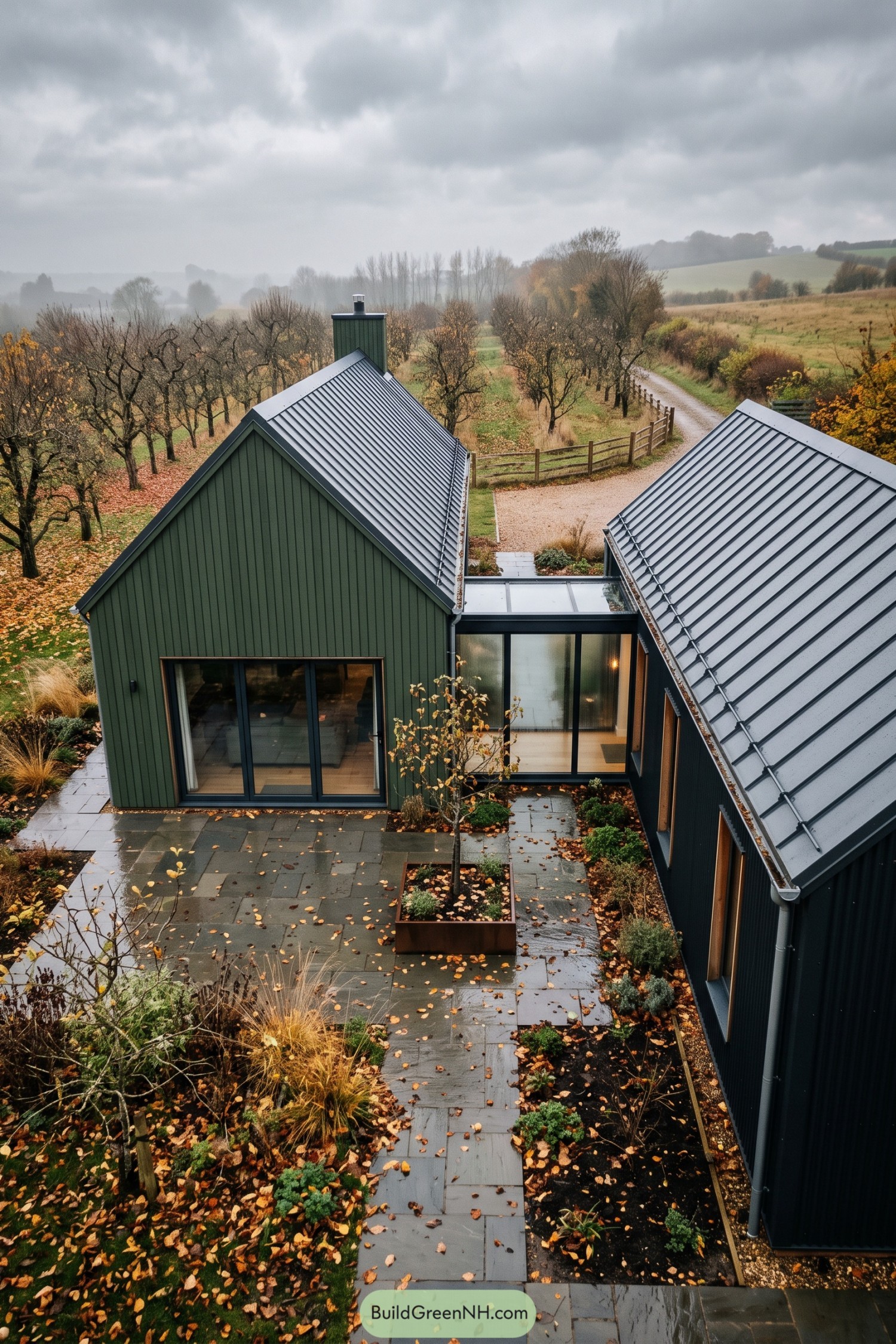 Two dark green gabled volumes frame a planted stone courtyard