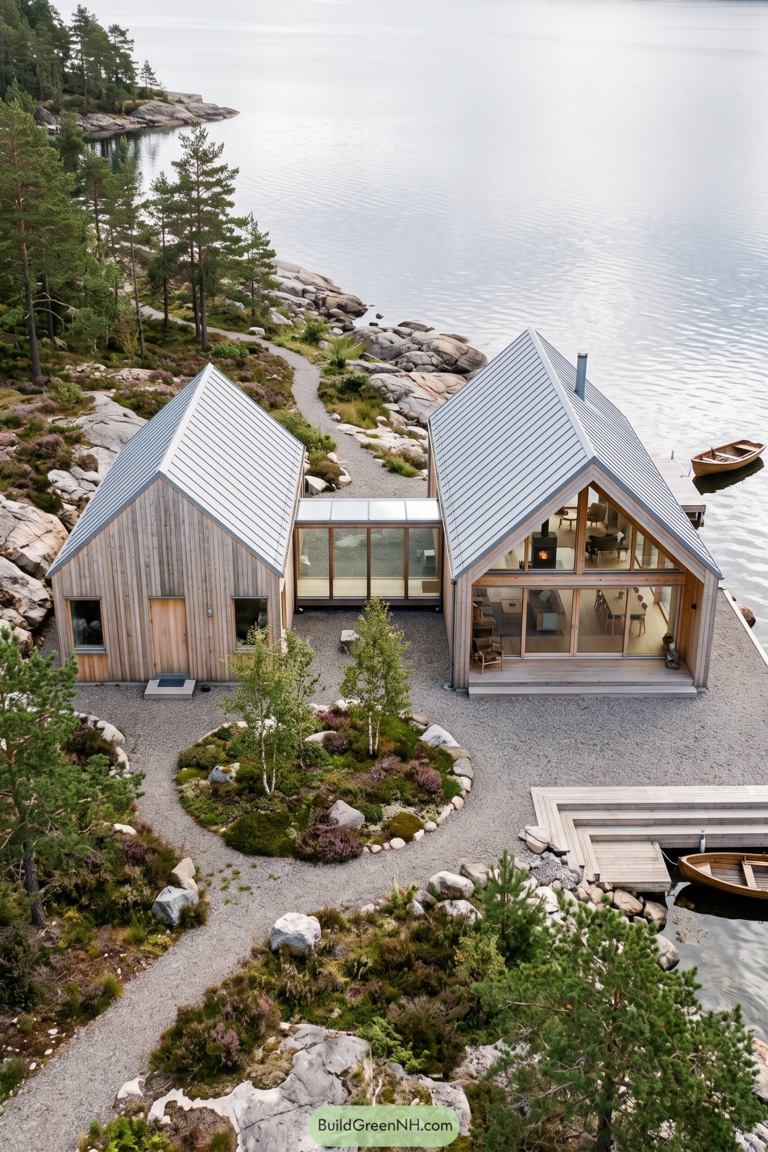 Twin gable timber home beside a rocky cove