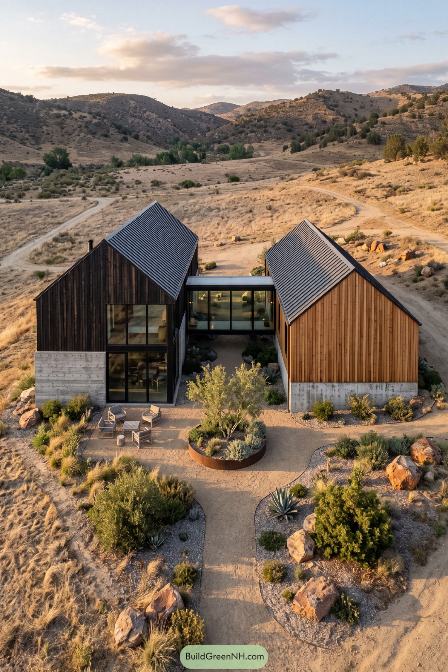 Twin gabled barn volumes linked by a glazed passage in a desert valley