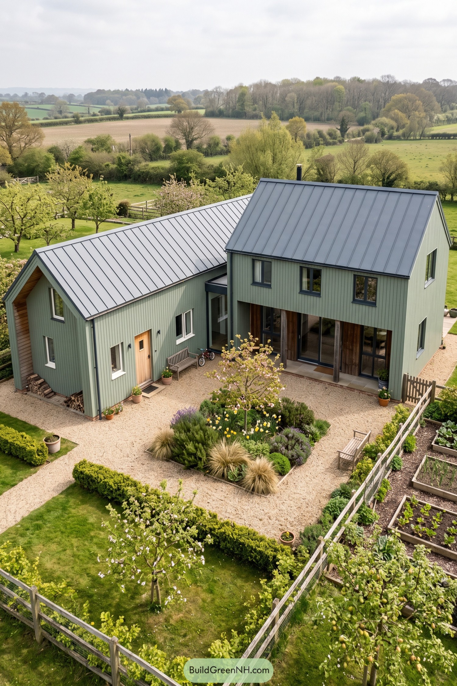 Green double barn house beside vegetable beds and orchard