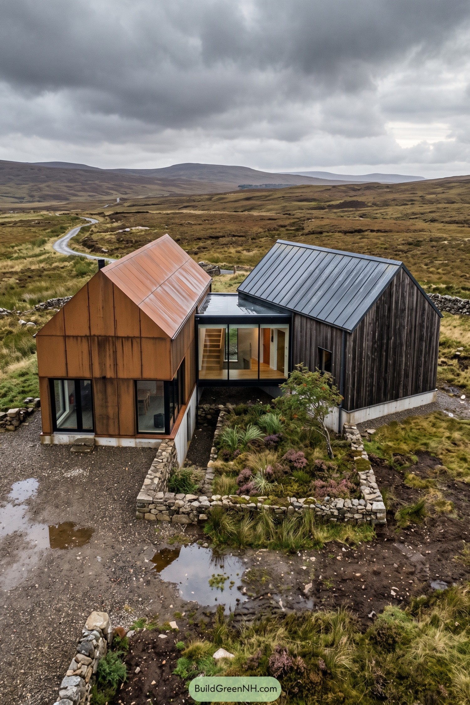 Twin gabled home with copper and dark timber cladding