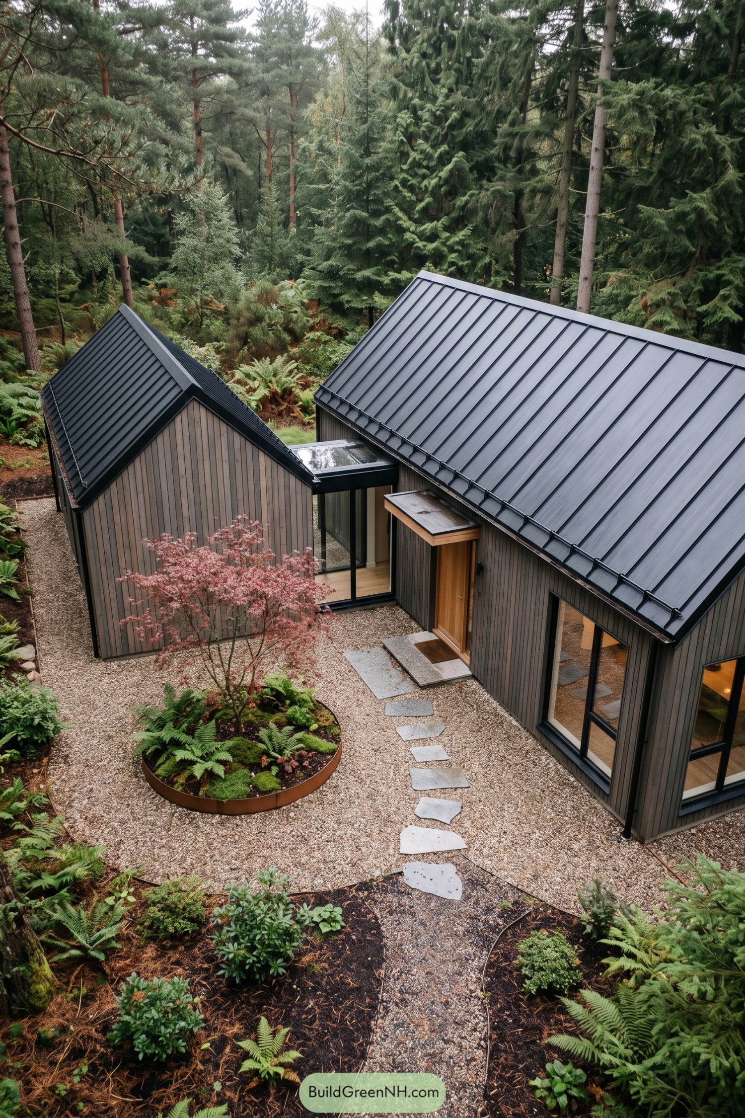 Two dark-clad barn volumes frame a gravel courtyard in a wooded setting