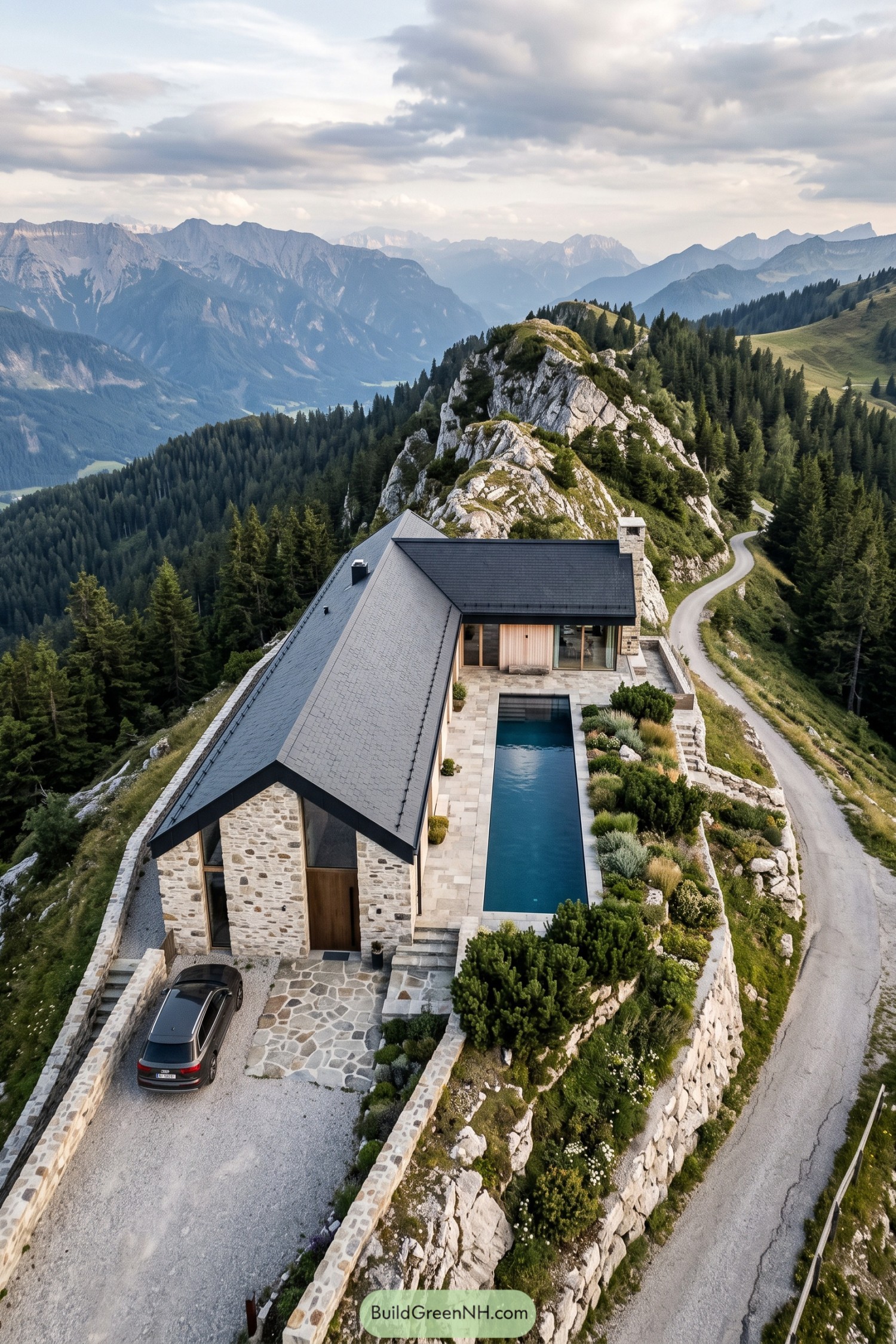 Stone mountain cabin with steep gray roofs and a narrow pool bordered by paving and alpine planting