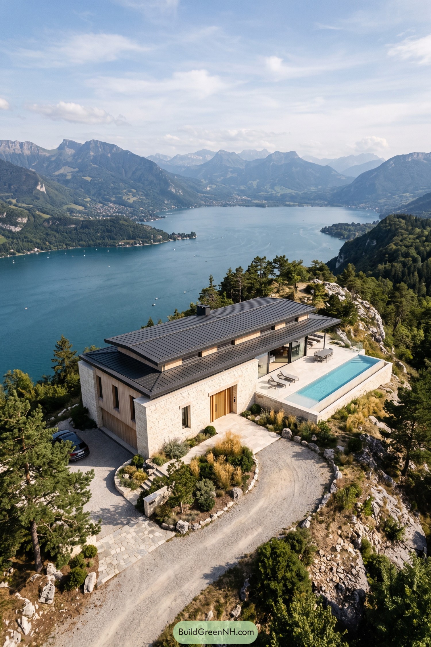 Stone and timber cabin with tiered metal roofs and a narrow pool overlooking a mountain lake