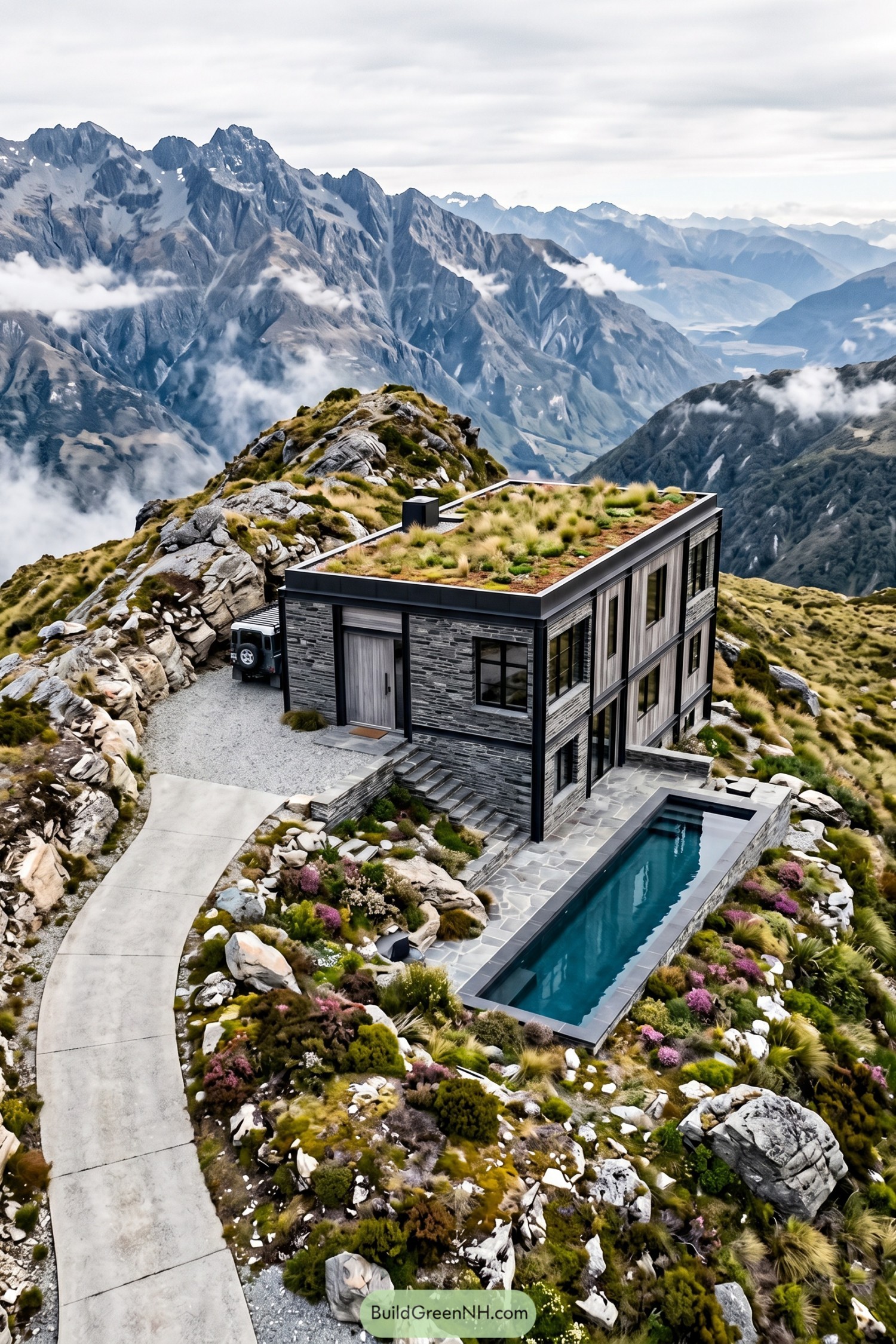 Stone cabin with a planted roof and narrow pool set into a rocky mountainside
