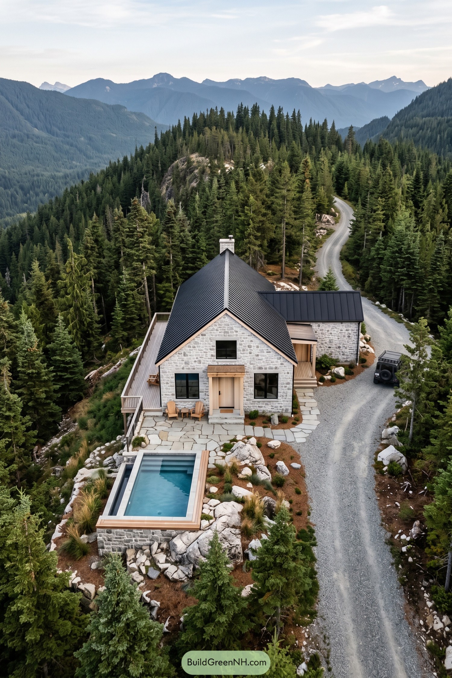 Gray stone cabin with a steep black roof and raised rectangular pool among forested mountain slopes