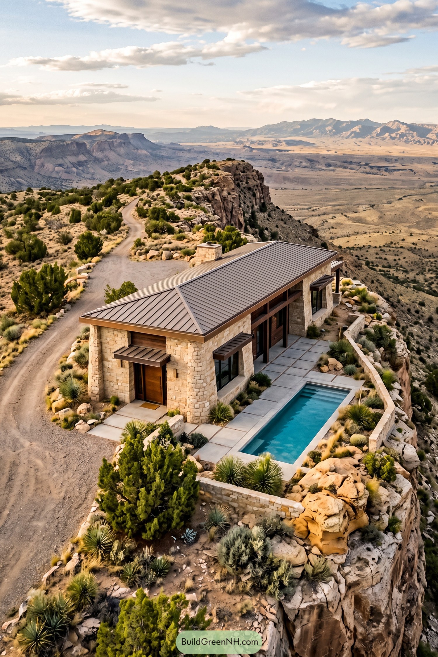 Pale stone cabin with a metal roof and narrow pool on a rocky desert bluff