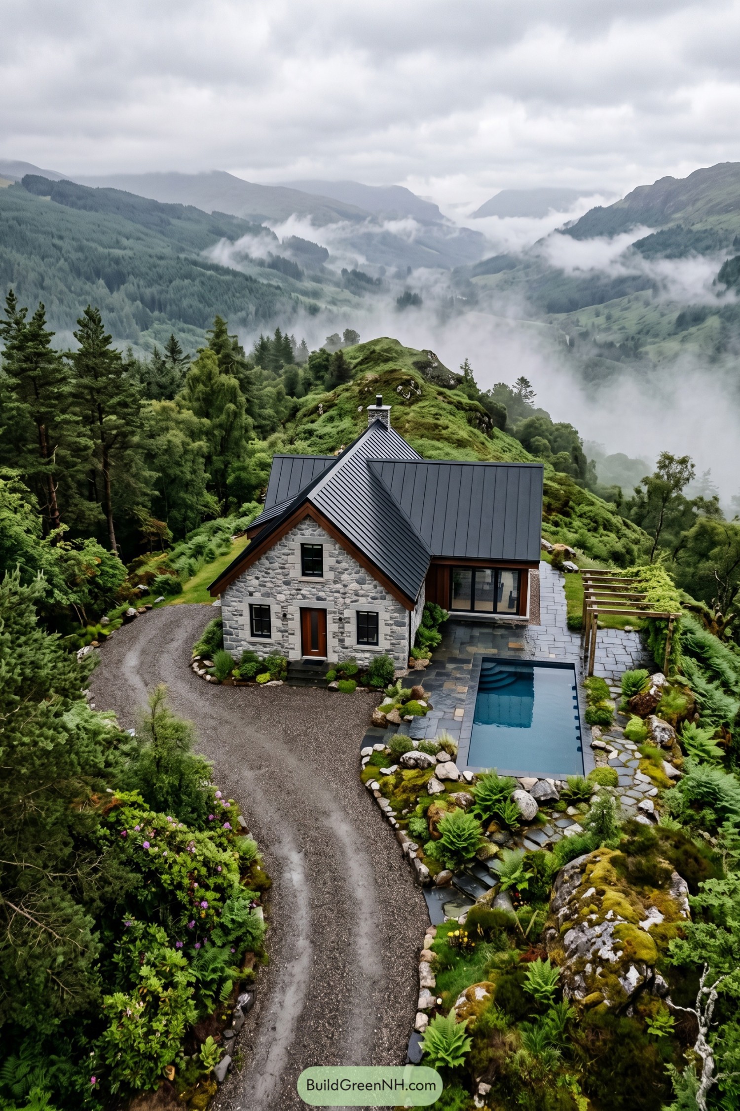 Stone cottage with steep metal roofs and a rectangular pool surrounded by ferns and mossy rocks above a misty valley