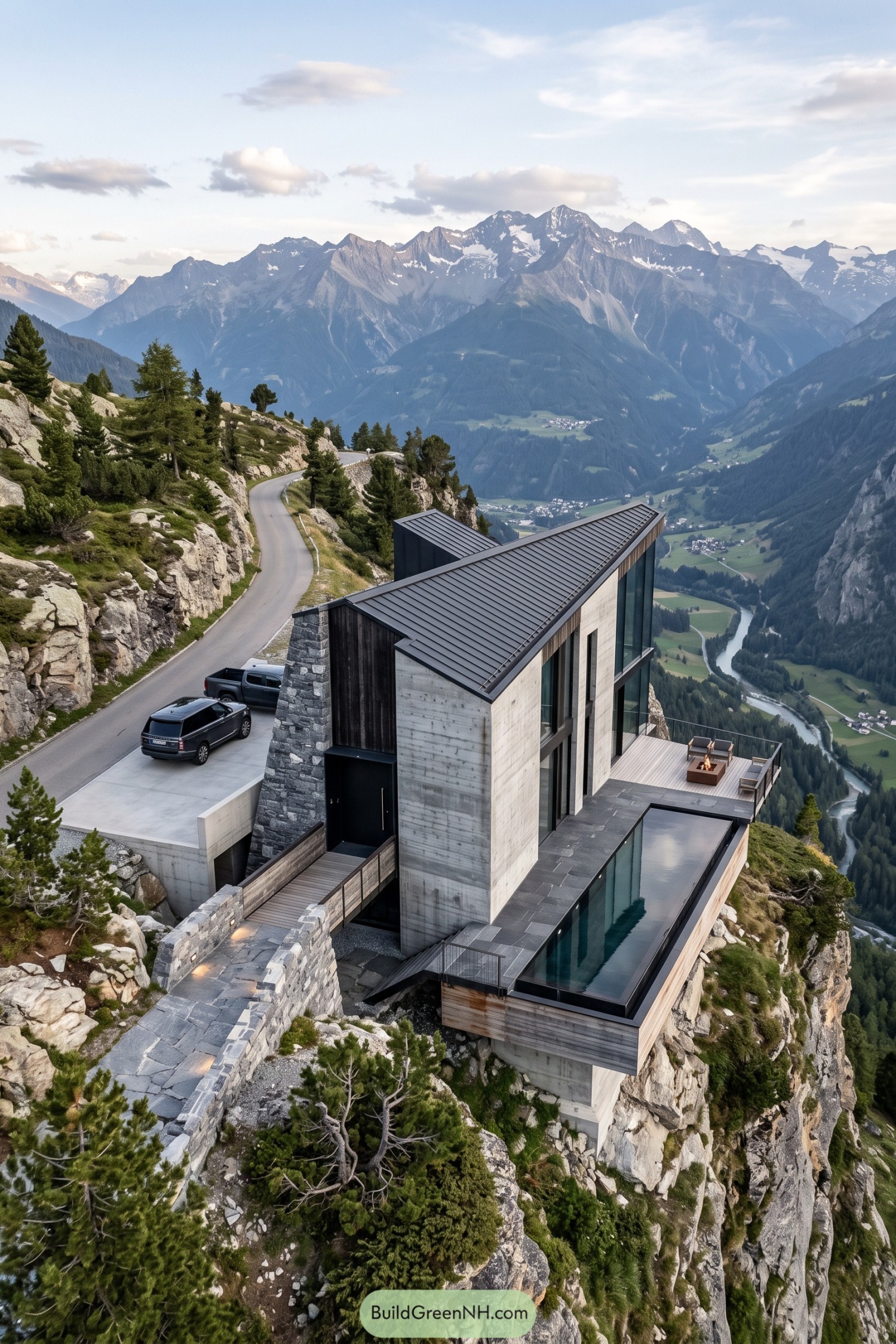 Mountain cabin with stone and concrete walls, a narrow cliffside pool, and a footbridge entrance overlooking an alpine valley
