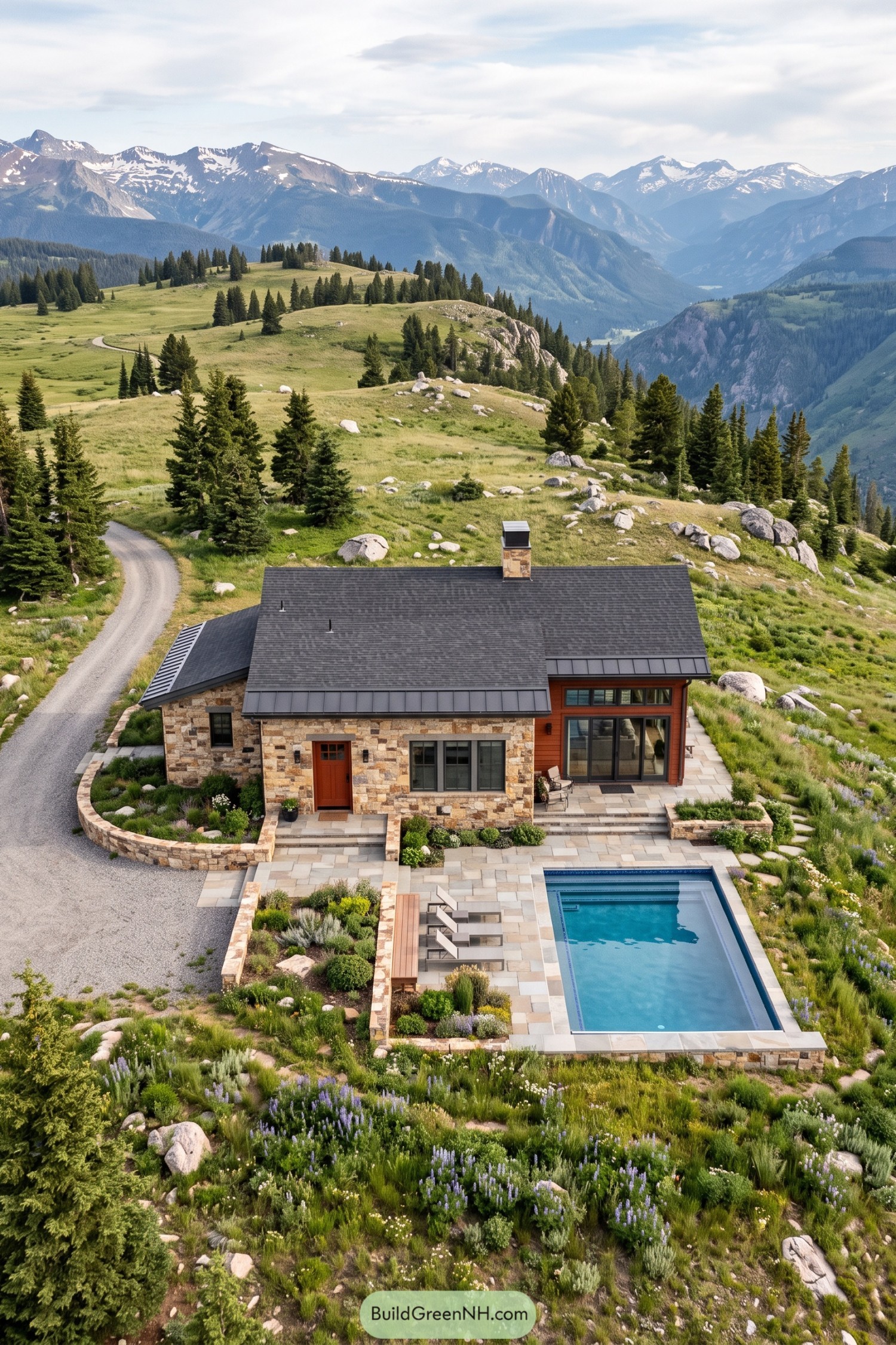 Stone cabin with a red door and rectangular pool surrounded by planted terraces and mountain meadows