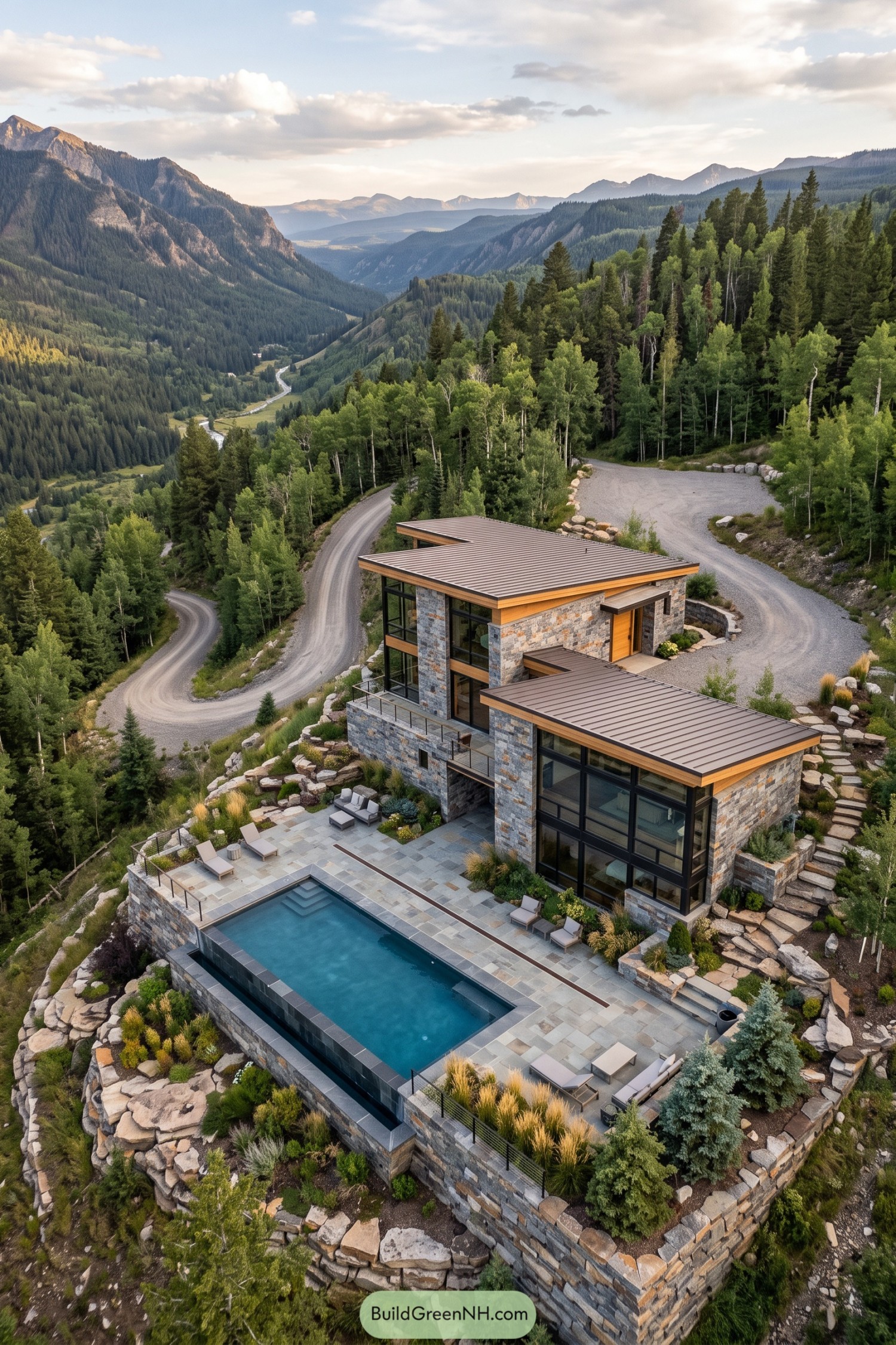 Modern stone cabin with tall windows and an infinity pool on a landscaped mountainside overlooking a forested valley