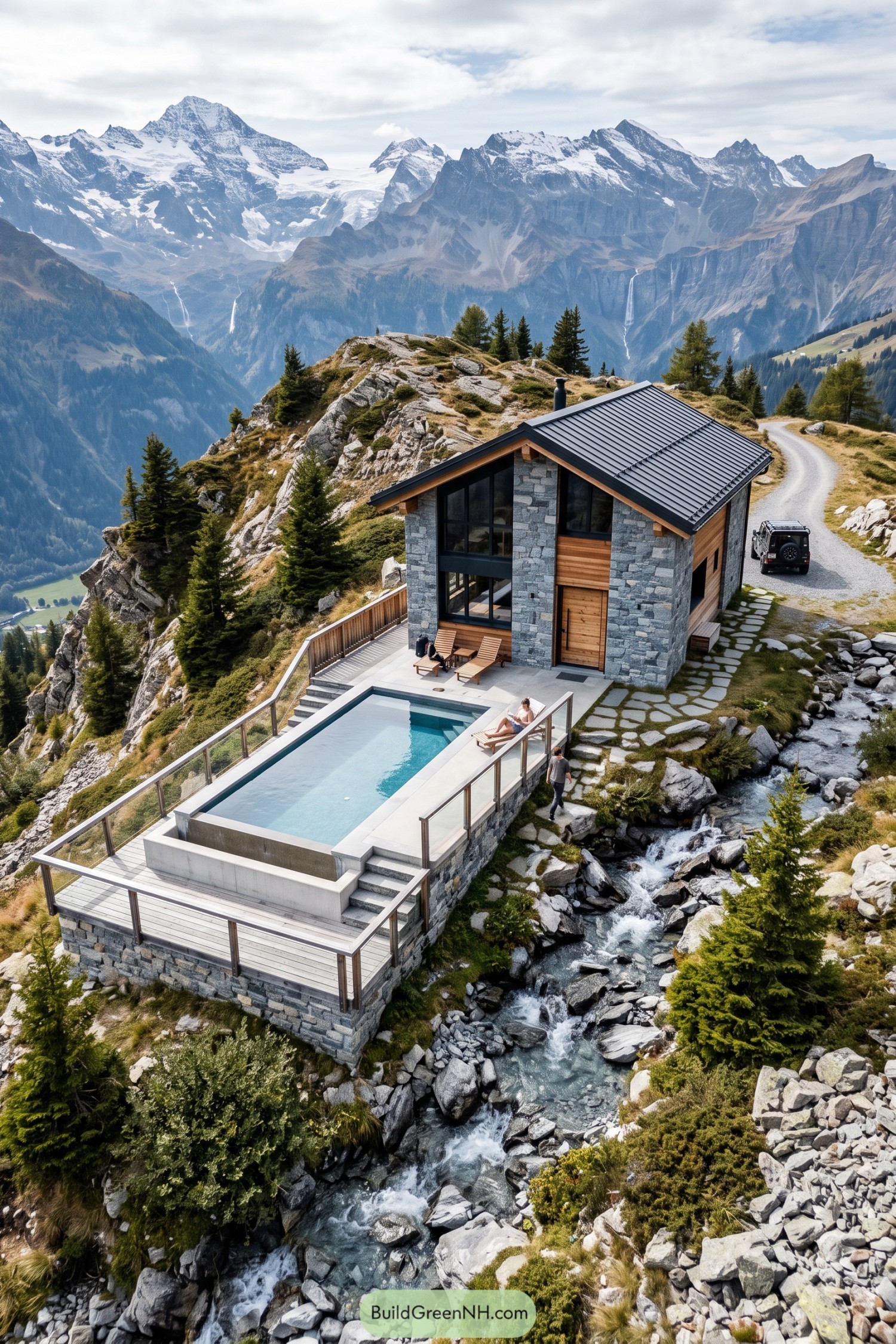 Stone and timber cabin with a raised rectangular pool and wraparound deck beside a rocky mountain stream