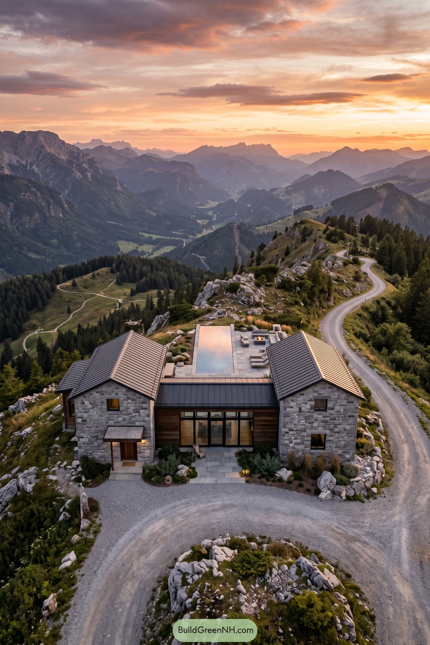 Stone cabin with paired metal gables and a long pool overlooking a mountain valley