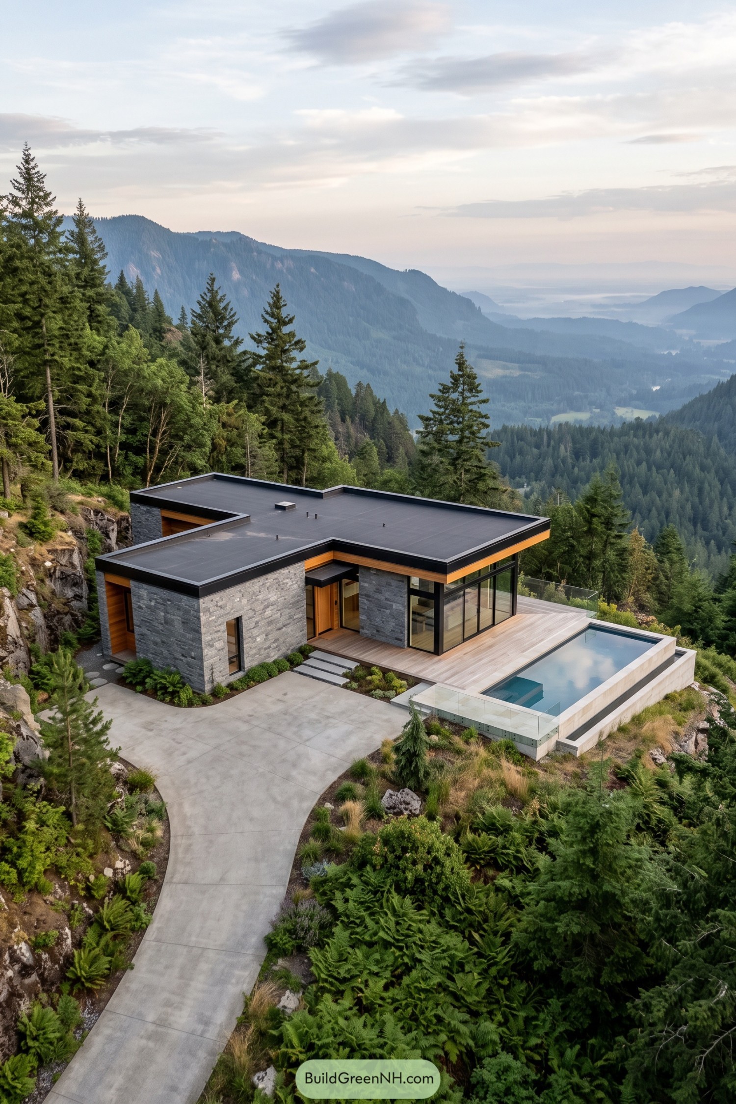Modern stone cabin with a flat roof and rectangular pool overlooking a forested mountain valley