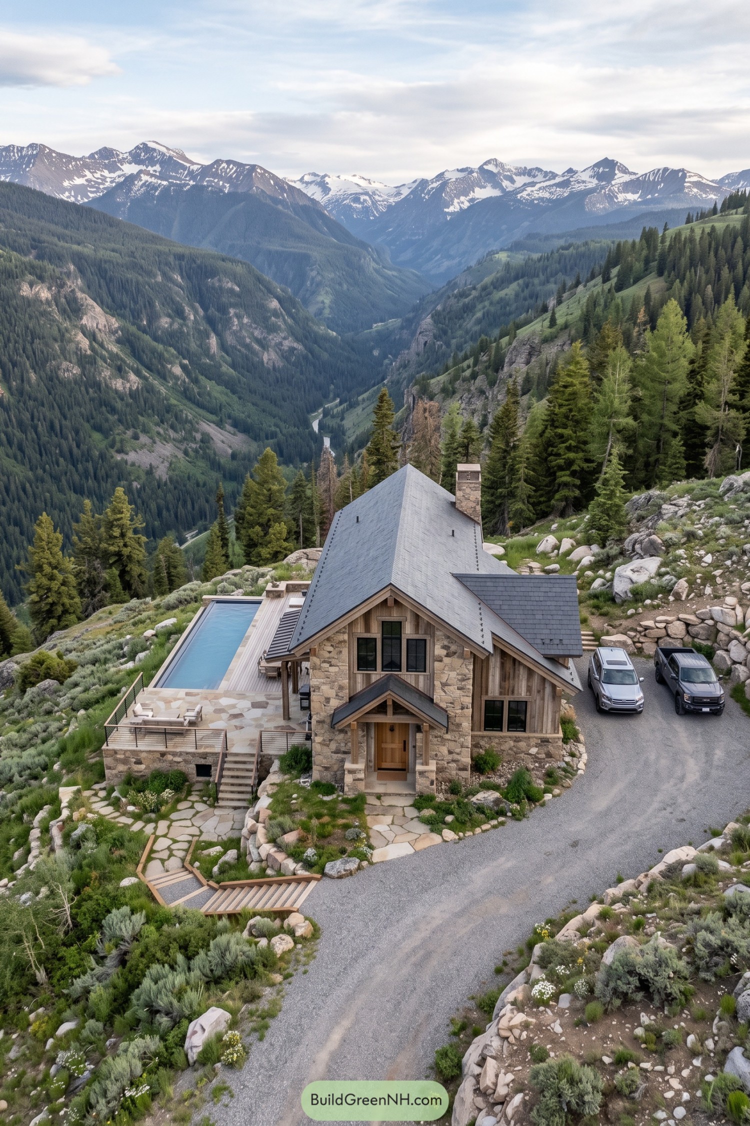 Stone and timber cabin with a steep gray roof and a narrow pool overlooking a forested mountain valley