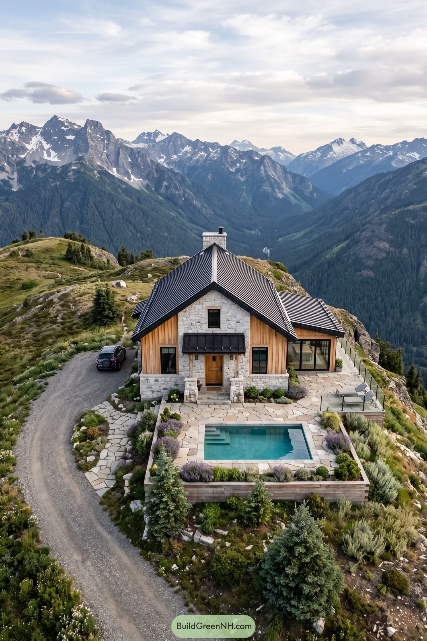 Stone and timber cabin with a black gabled roof and rectangular pool overlooking mountain peaks