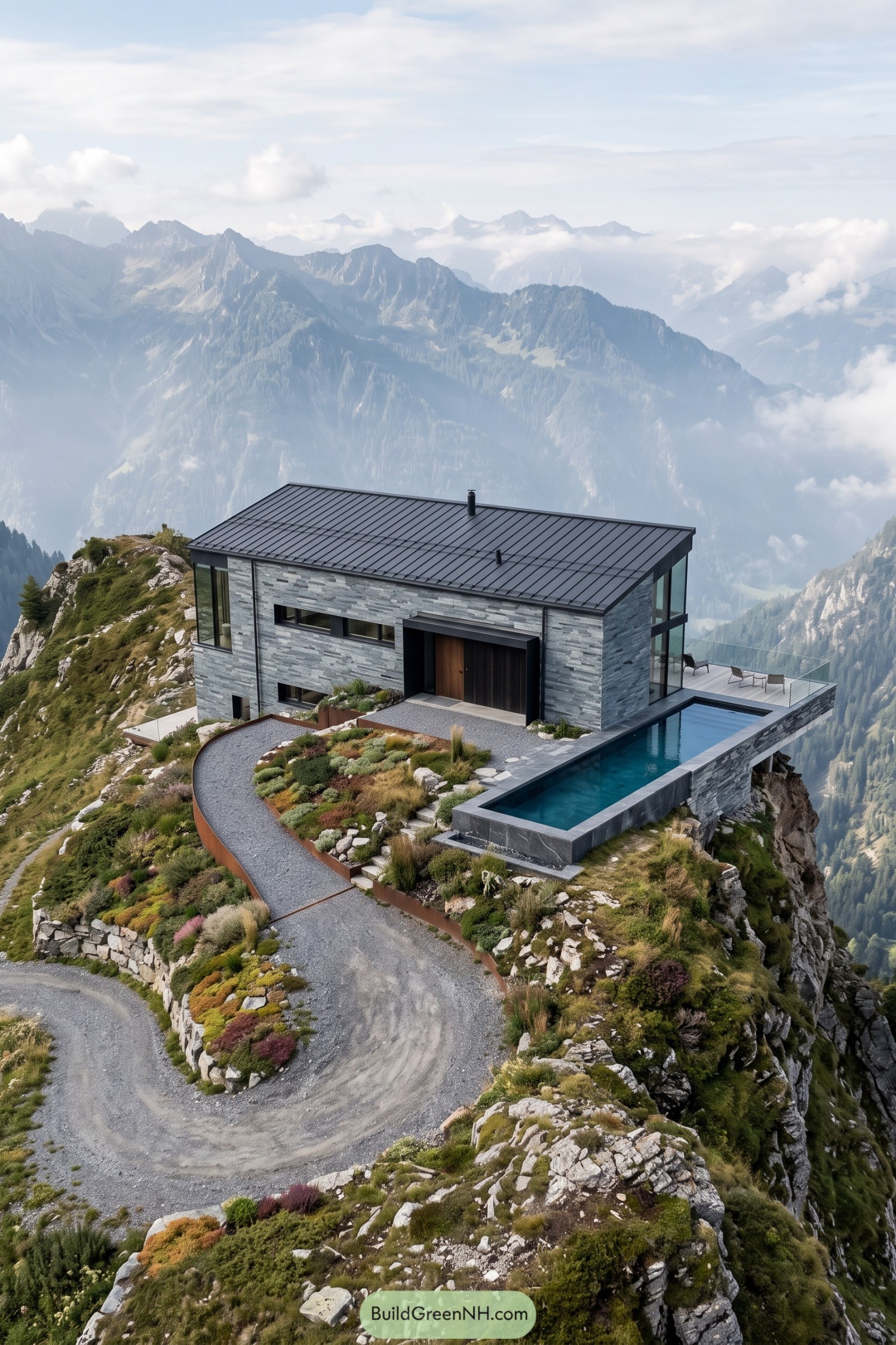 Gray stone cabin with a narrow pool and glass terrace perched above a winding mountain path