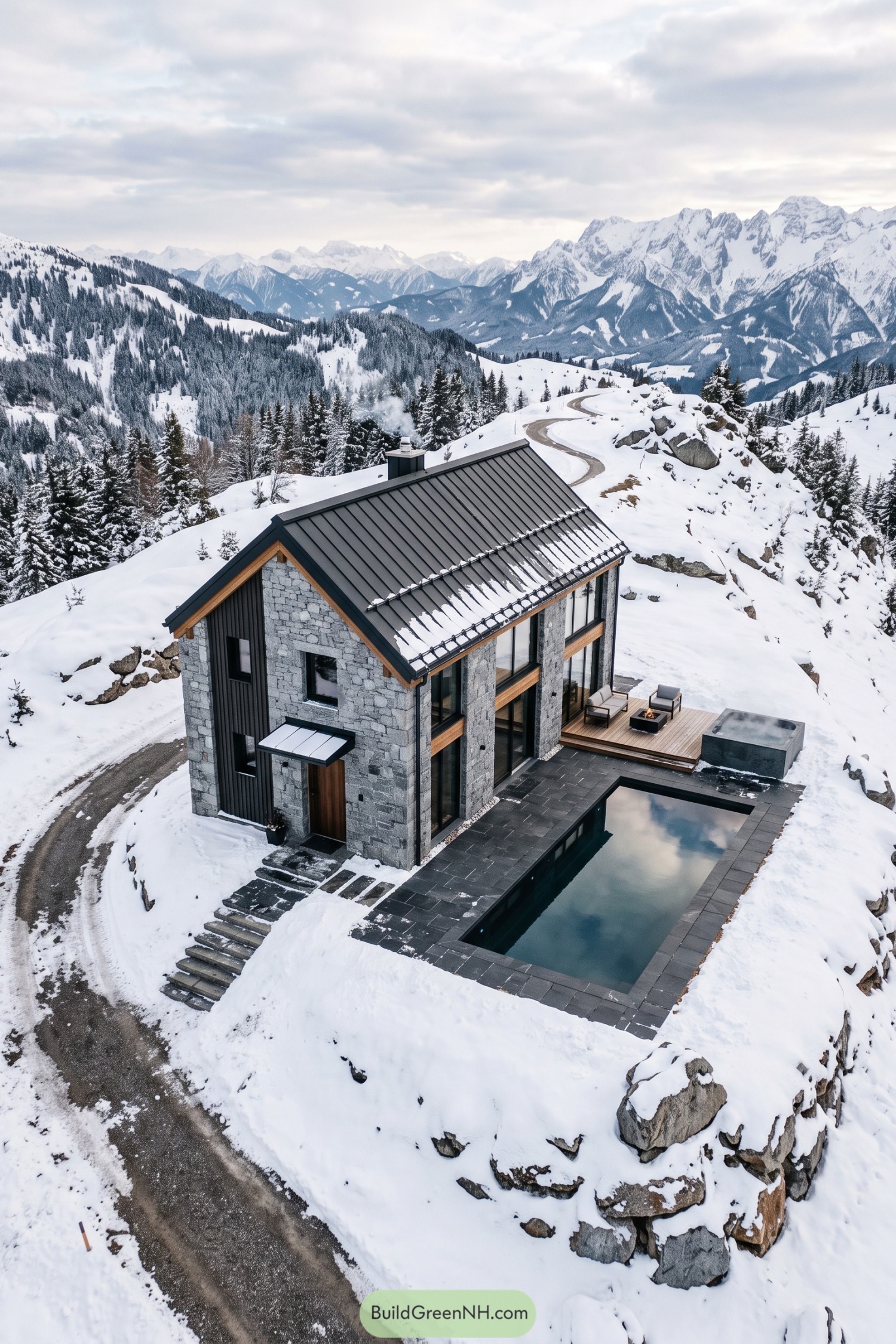 Two-story stone cabin with a rectangular pool and raised hot tub on a snowy mountain terrace