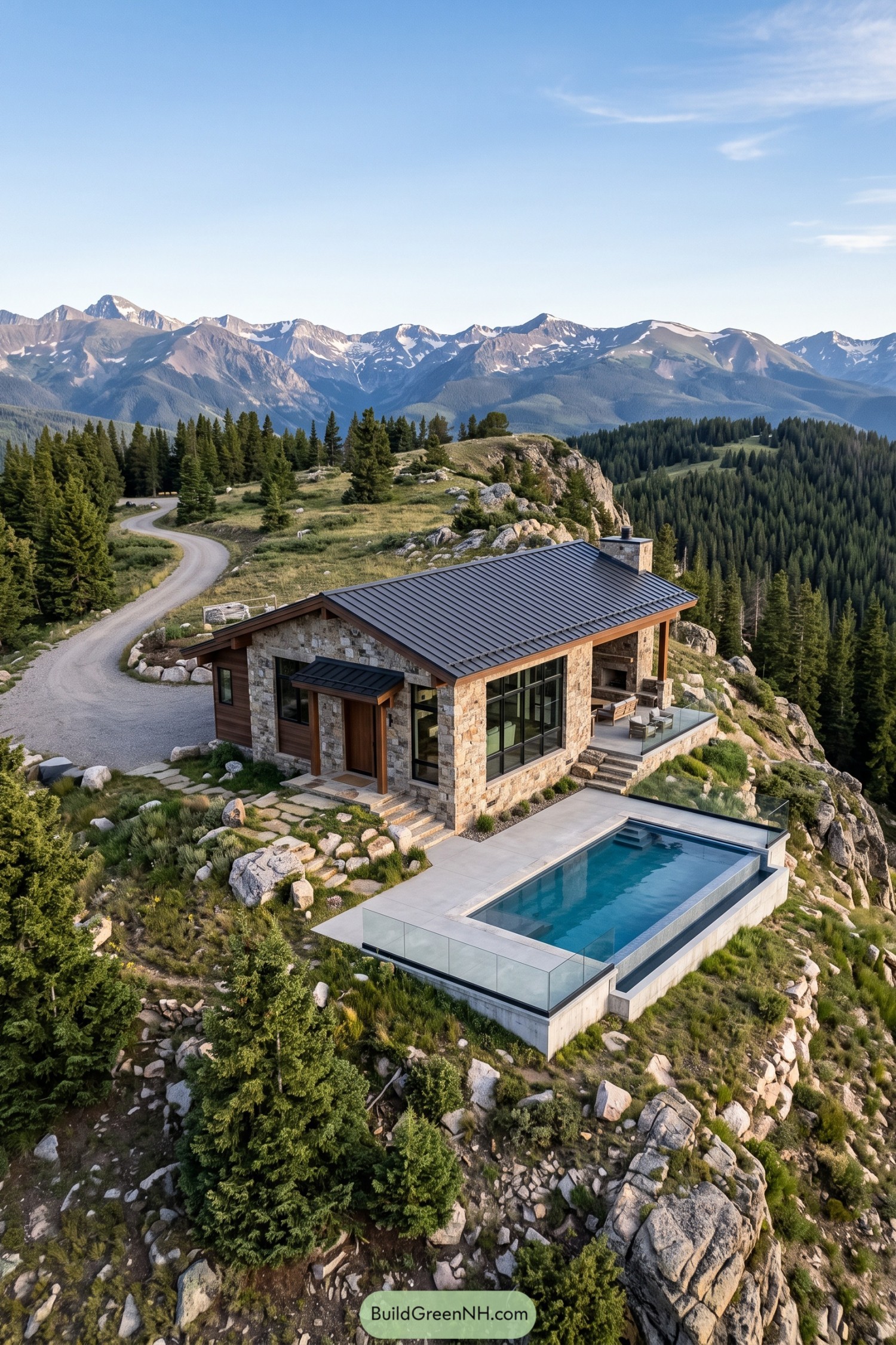 Stone and timber cabin with a metal roof and rectangular pool overlooking forested mountains
