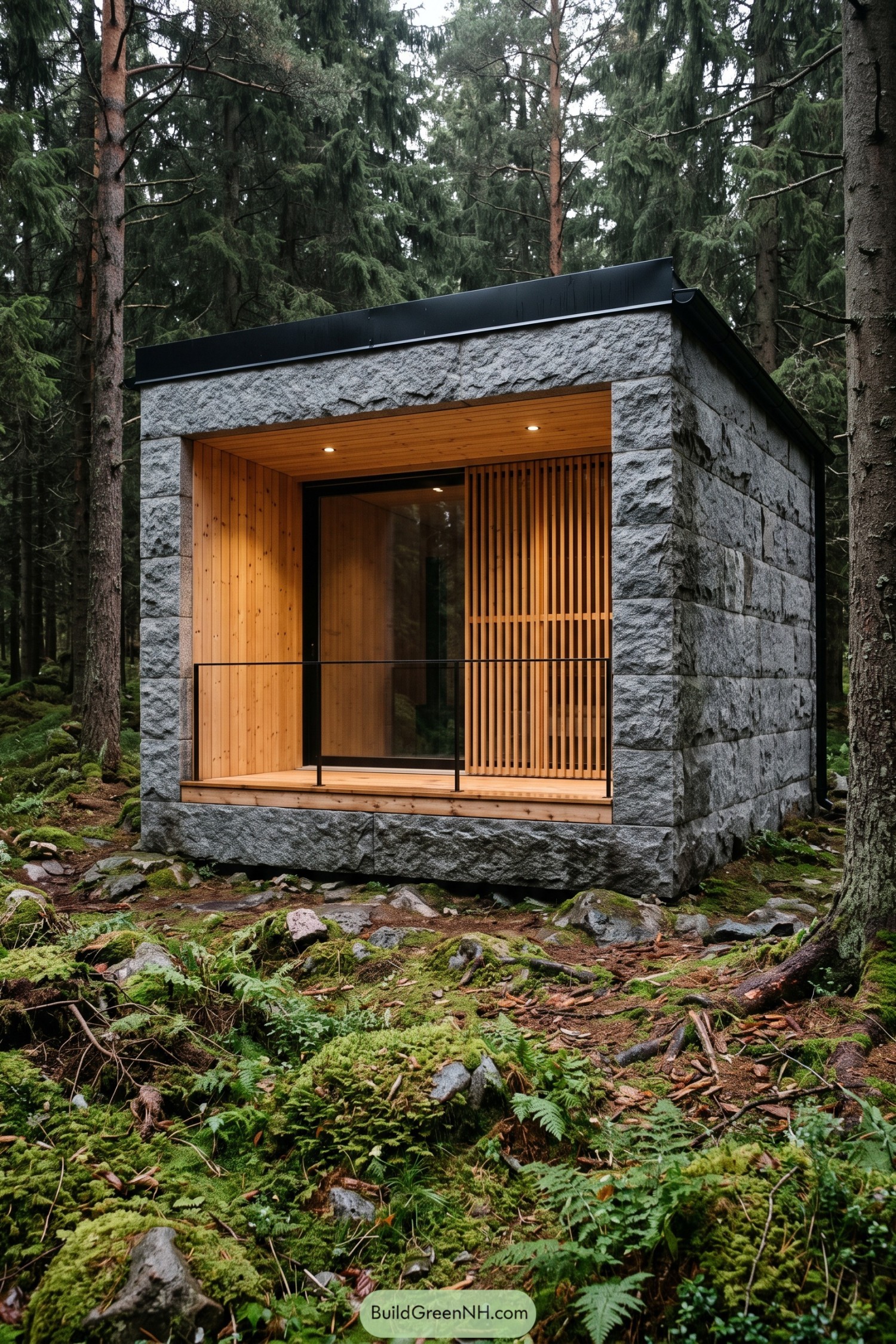 Granite retreat with a timber-lined recessed porch in conifers