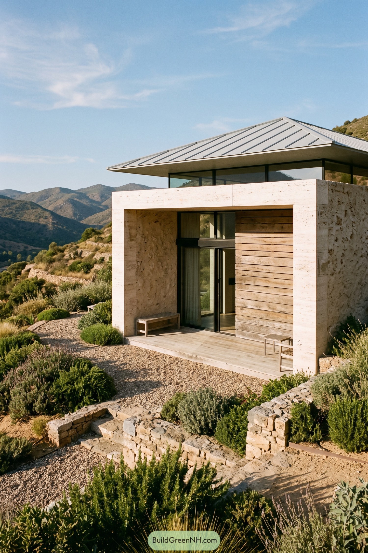 Stone villa with a sheltered timber-lined entry in dry mountain terrain