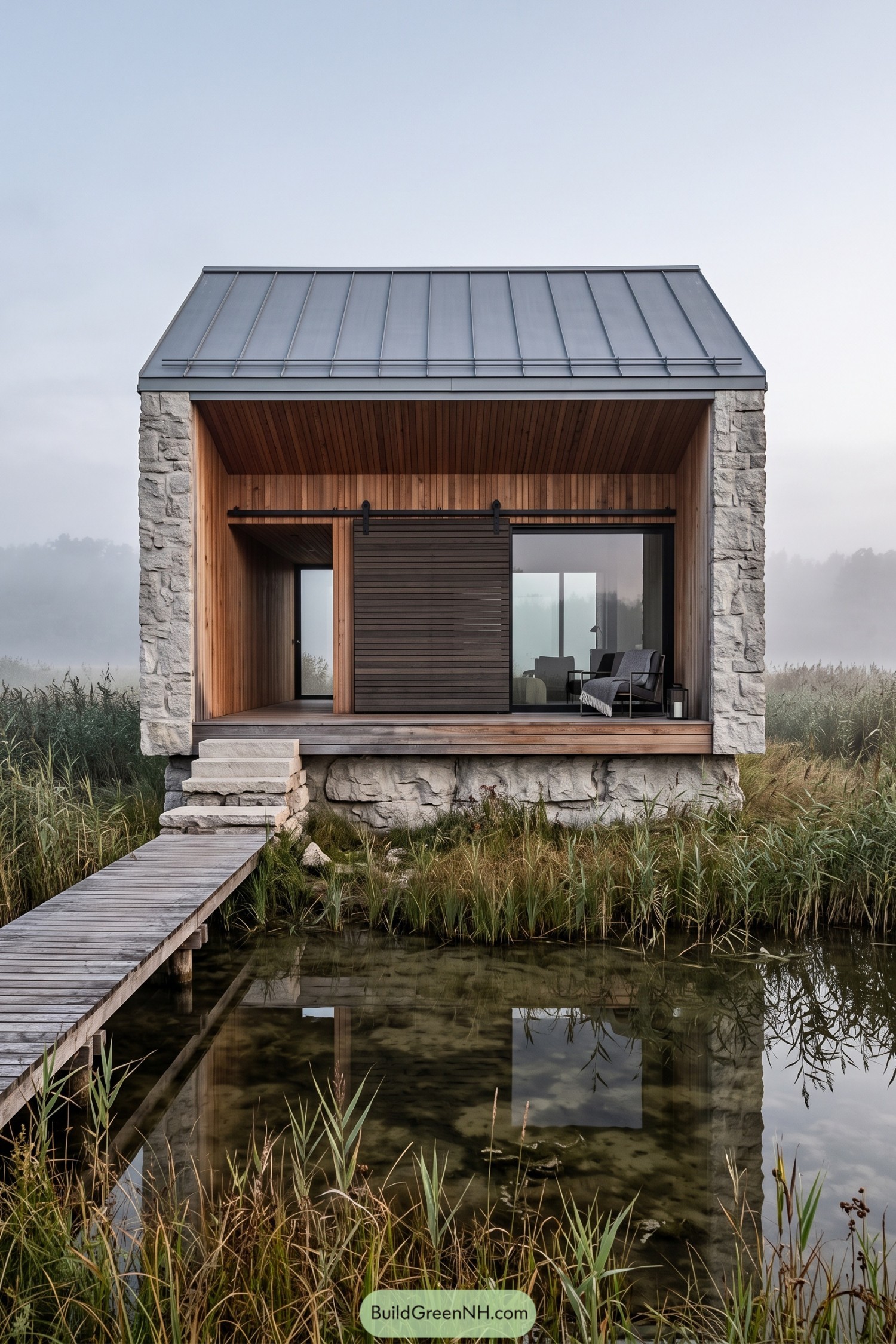 Stone cabin with a cedar-lined recess above a marshy pond