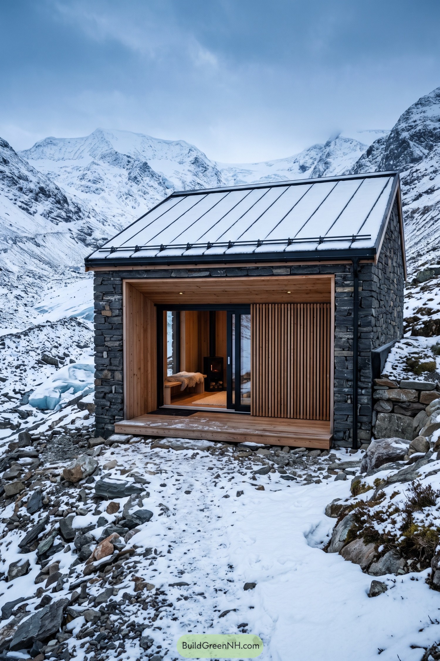 Stone cabin with a timber-lined recessed entrance in snowy mountains