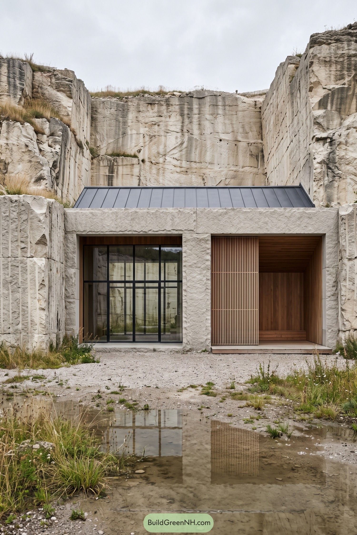 Stone retreat set into a tall quarry wall with a timber-lined entry recess