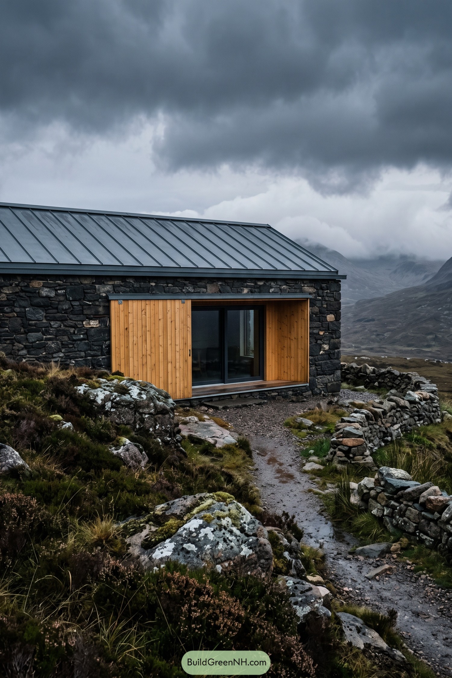Dark stone bothy with a timber-lined recessed entry in mountain terrain