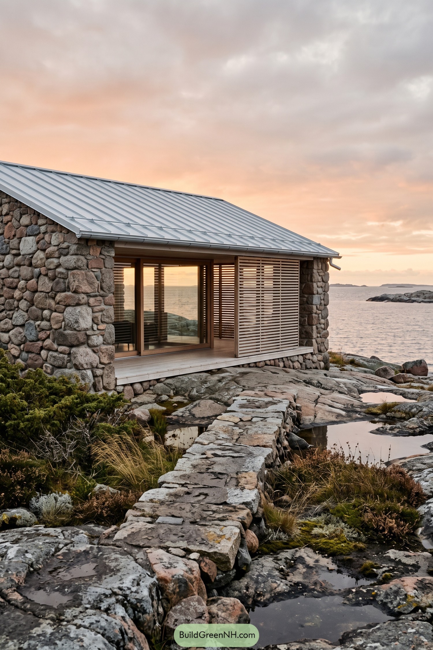 Fieldstone cabin with a timber slatted veranda beside the sea