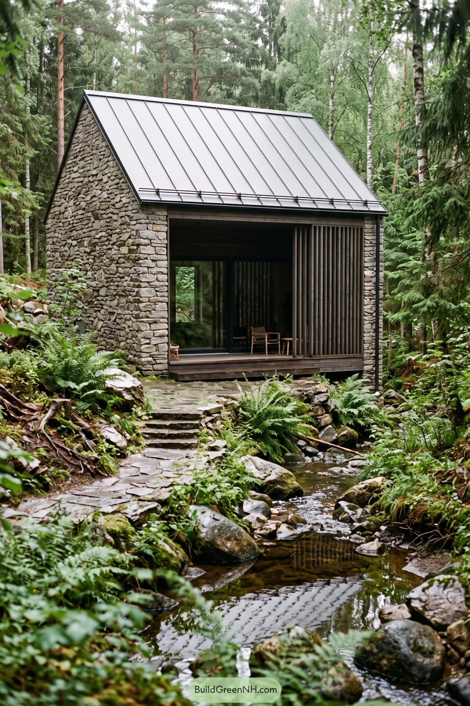 Stone cabin beside a forest stream with a slatted timber porch