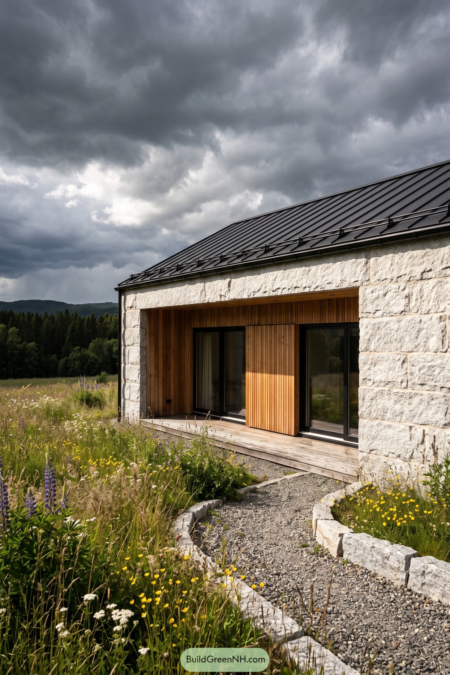 Granite retreat with a timber-lined recessed entry beside wildflower meadow