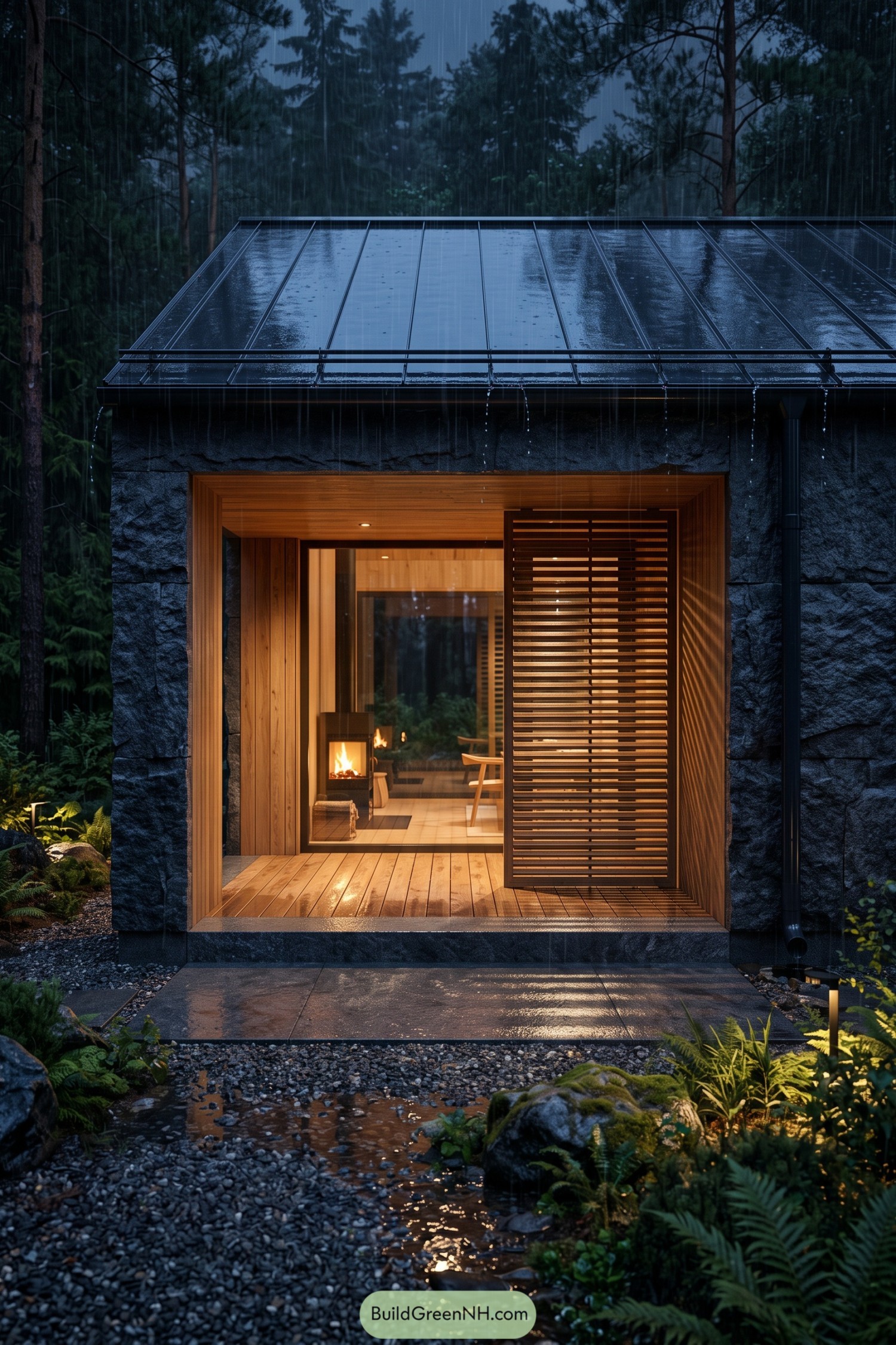 Granite retreat with a warm timber entry in rain