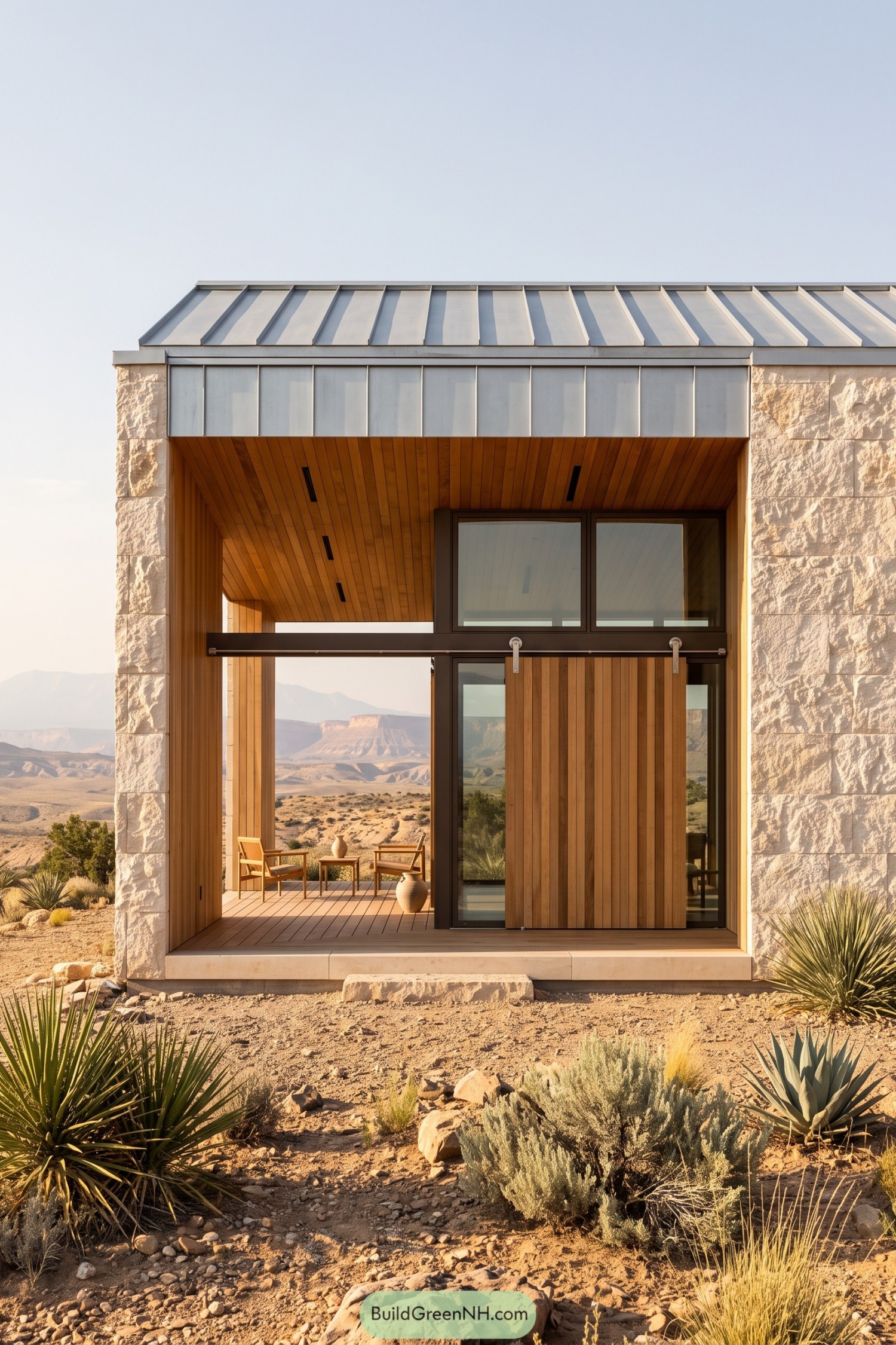 Stone retreat with timber-lined porch overlooking desert mesas