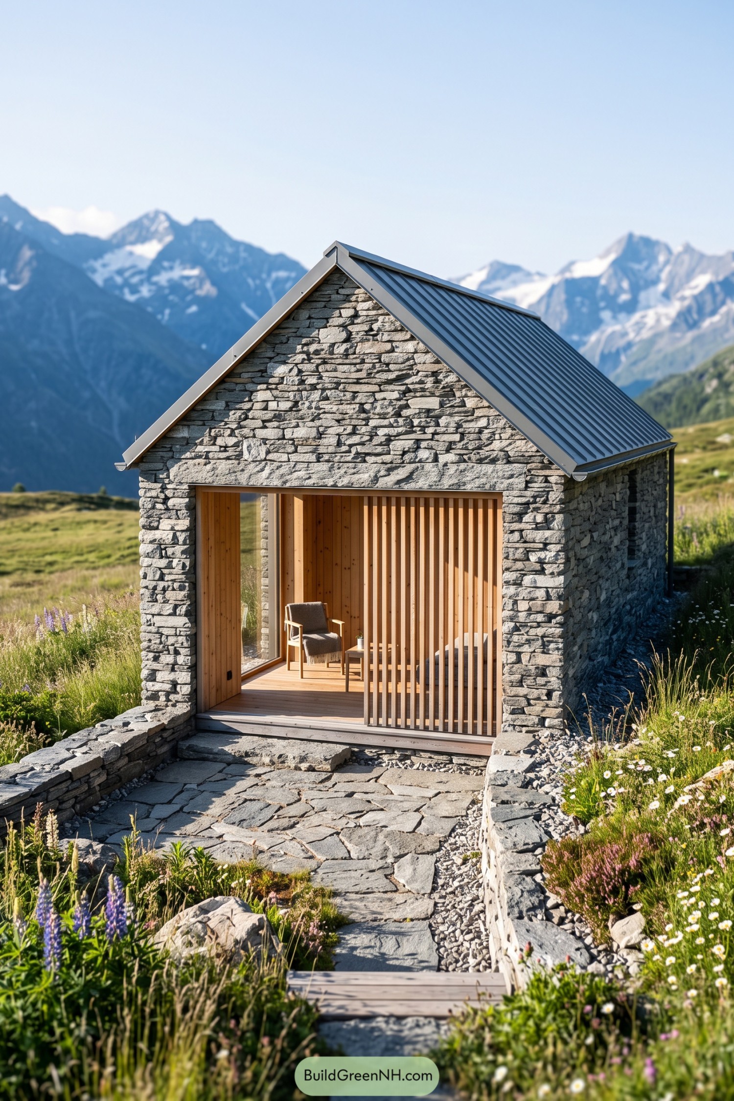 Stone retreat with timber slats in an alpine meadow