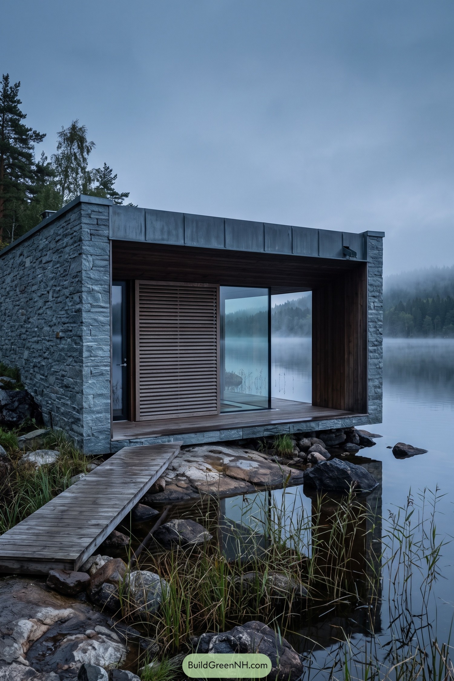 Stone lakehouse with recessed walnut terrace and louvered screen