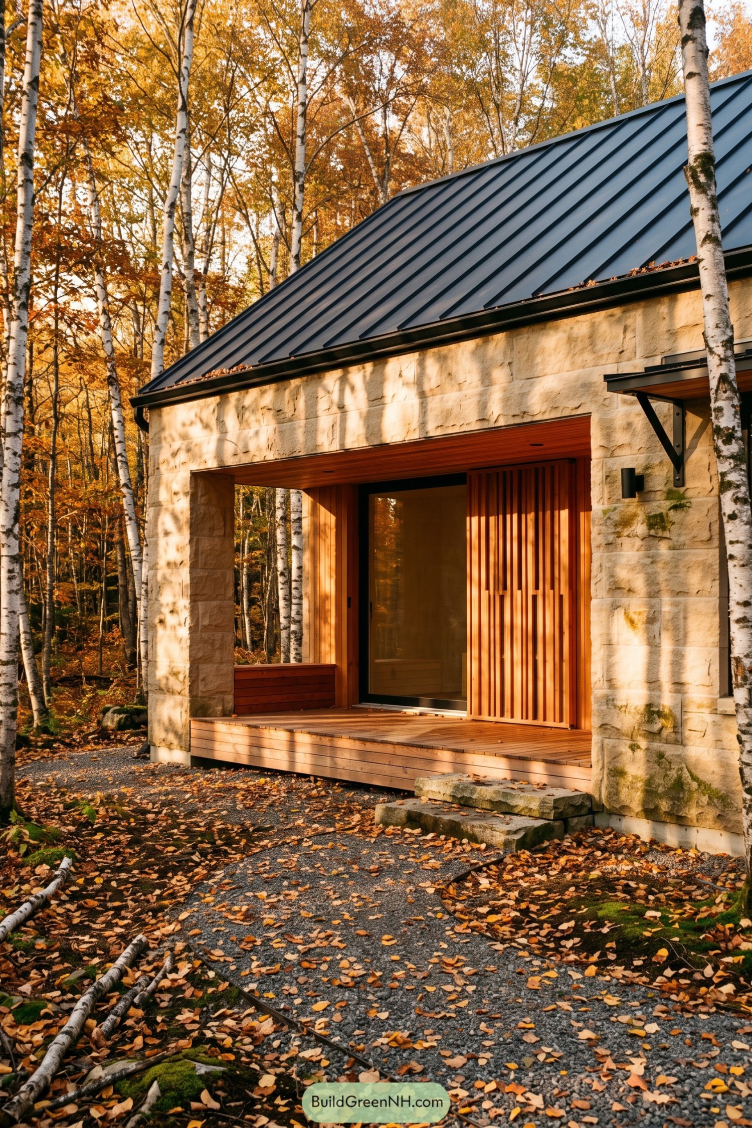 Stone cottage with cedar-lined entry beneath a dark gable roof